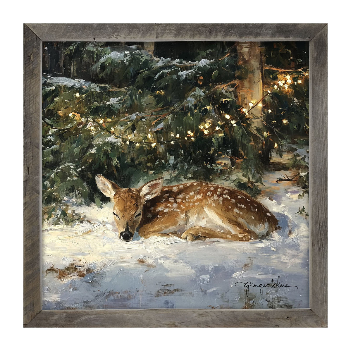 Deer Sleeping under Pine Tree - Framed Art