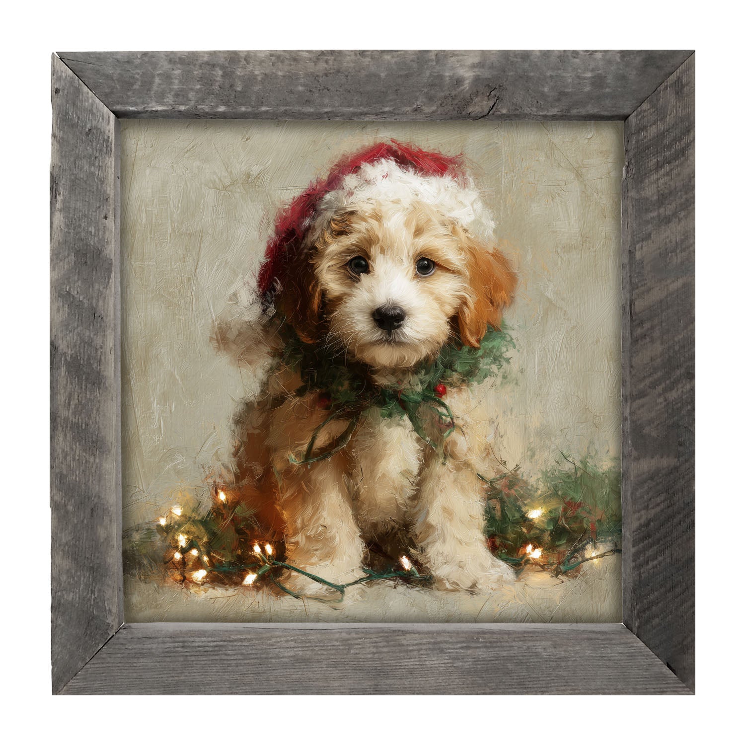 Christmas Lights with Furry Tan Dog - Framed art