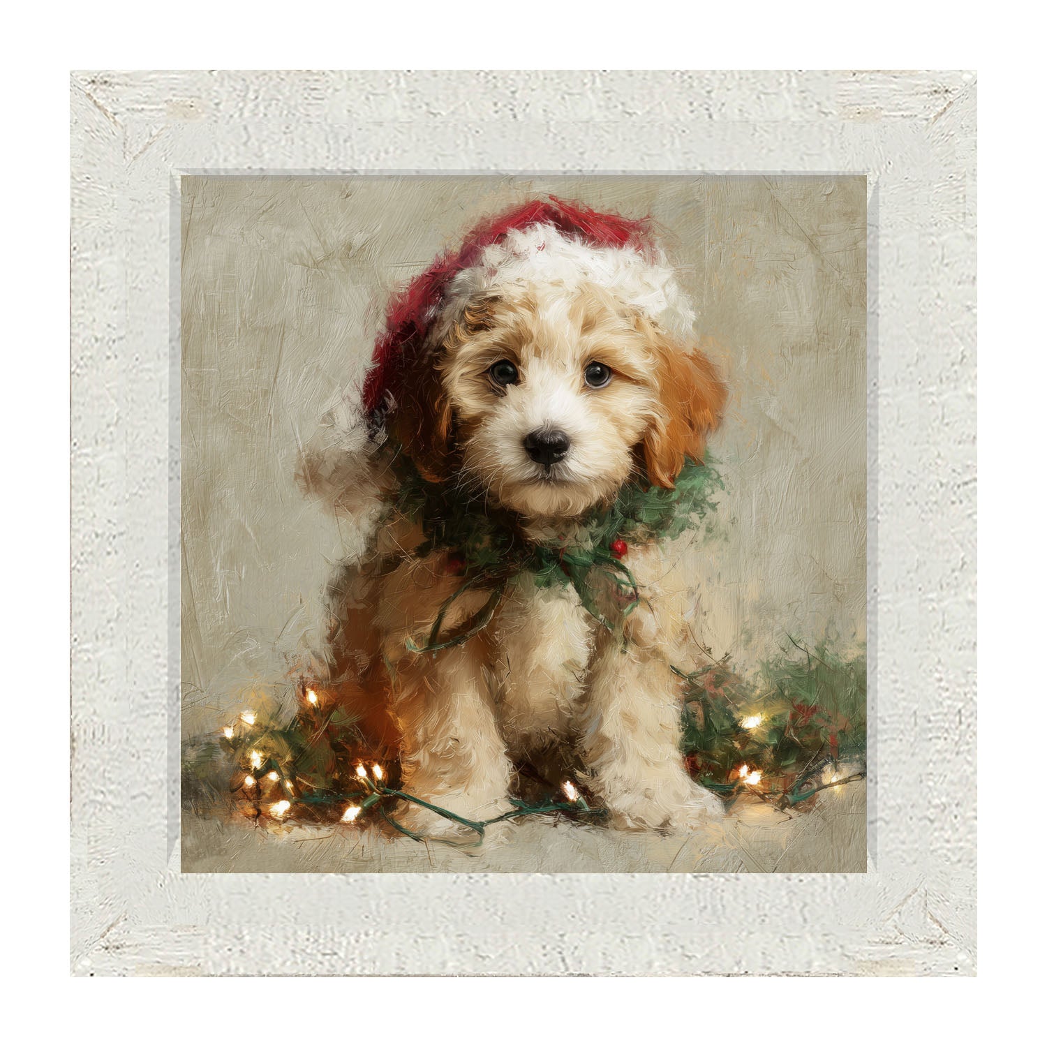 Christmas Lights with Furry Tan Dog - Framed art