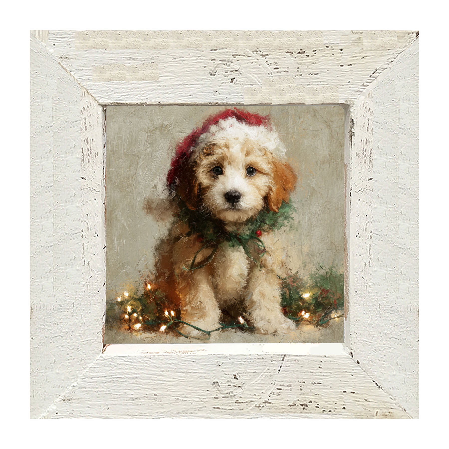 Christmas Lights with Furry Tan Dog - Framed art