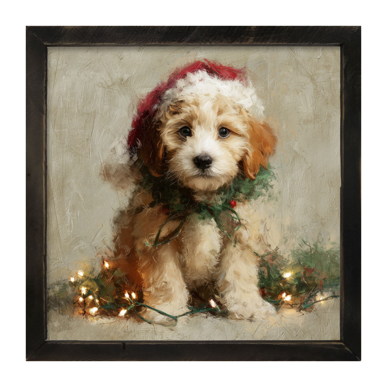 Christmas Lights with Furry Tan Dog - Framed art