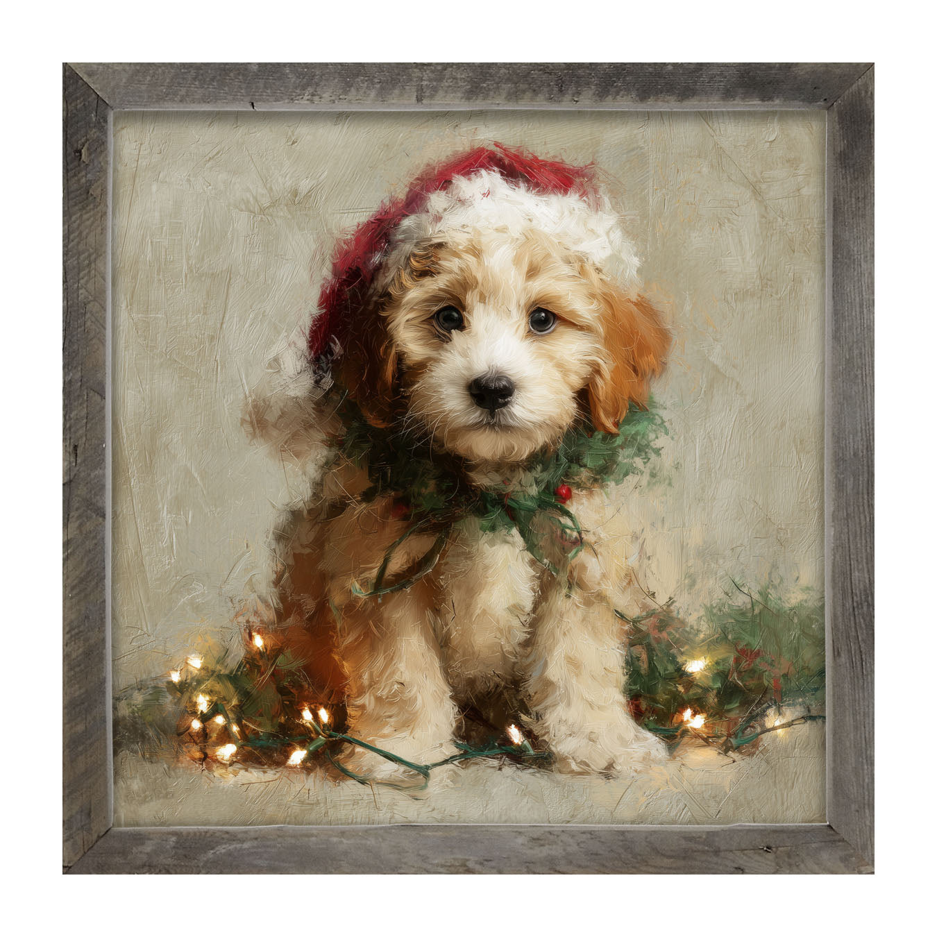 Christmas Lights with Furry Tan Dog - Framed art
