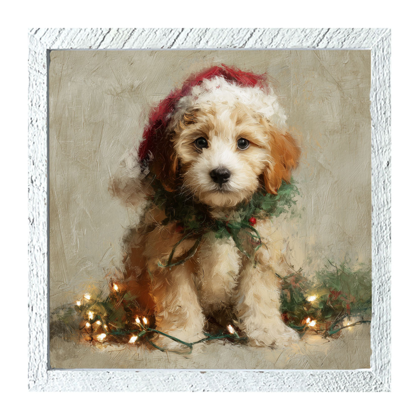 Christmas Lights with Furry Tan Dog - Framed art