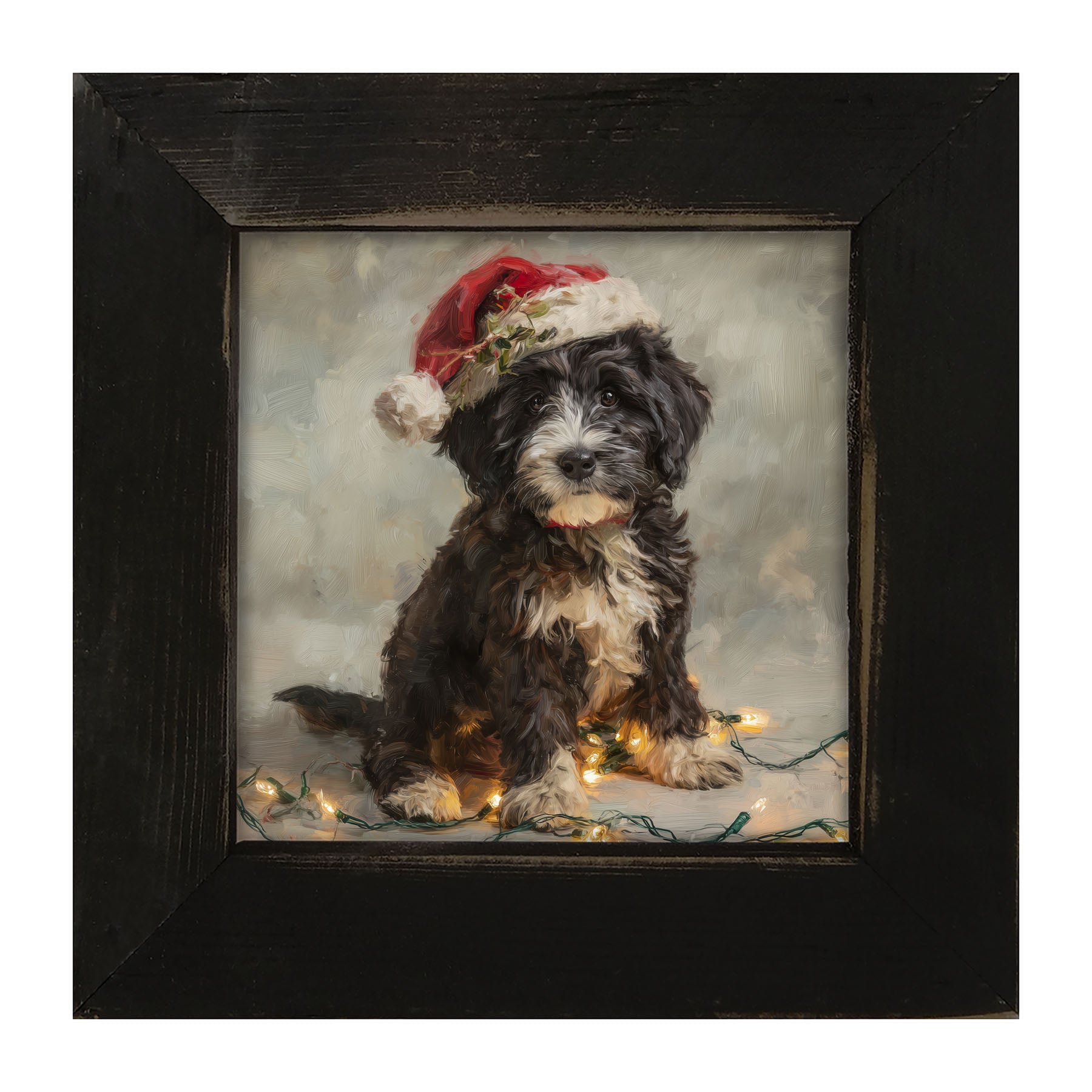 Christmas Lights with Furry Black and White Dog - Framed art
