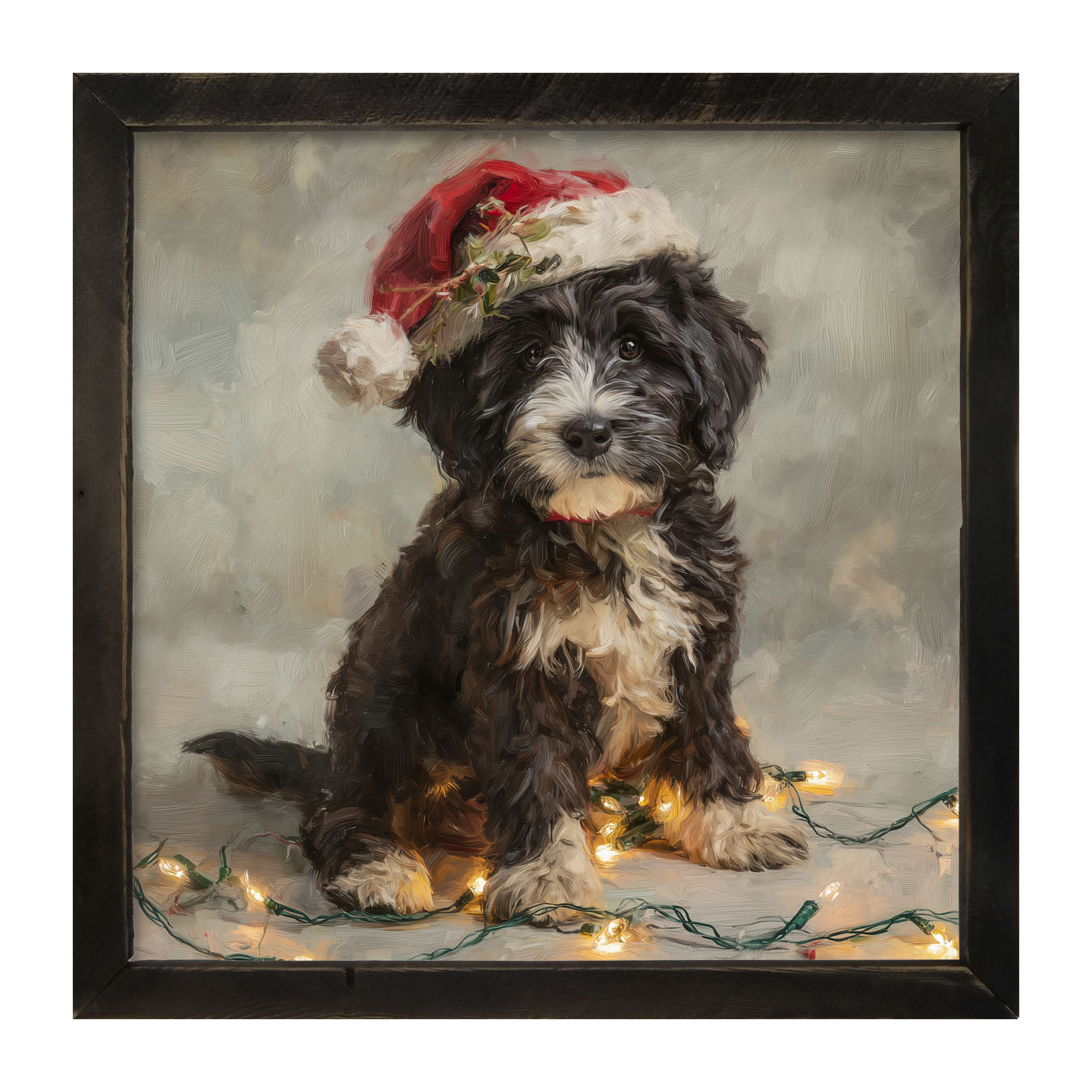 Christmas Lights with Furry Black and White Dog - Framed art