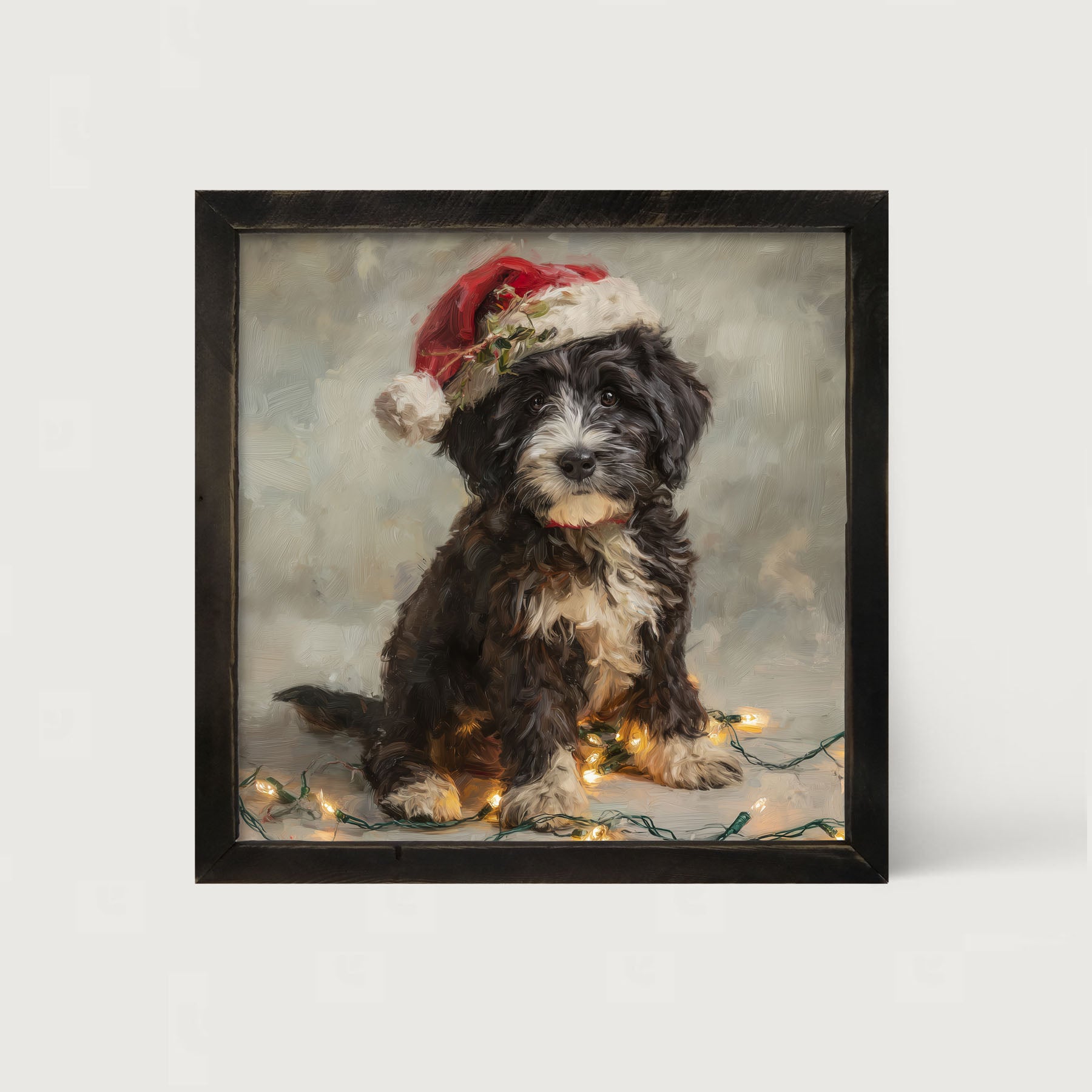 Christmas Lights with Furry Black and White Dog