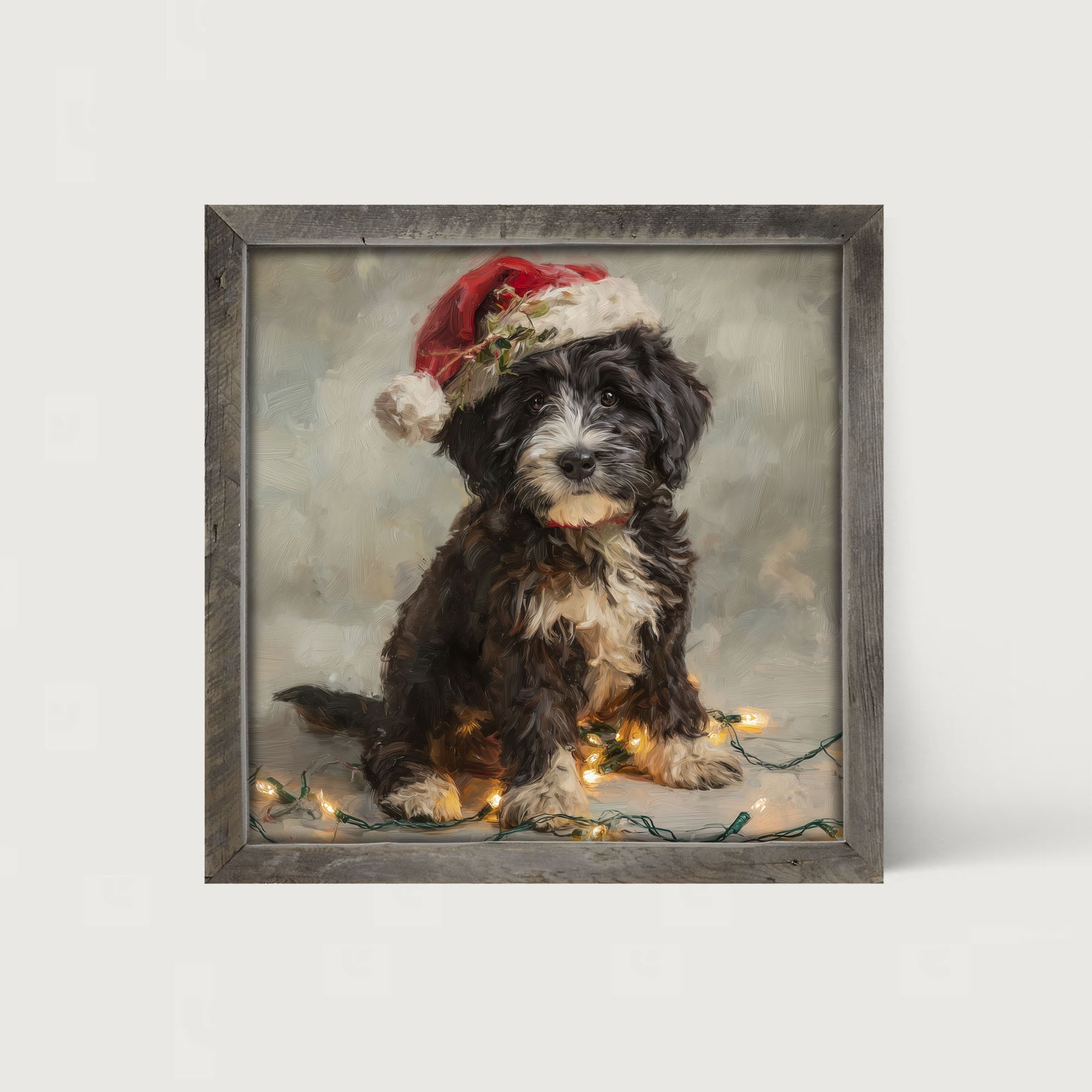 Christmas Lights with Furry Black and White Dog