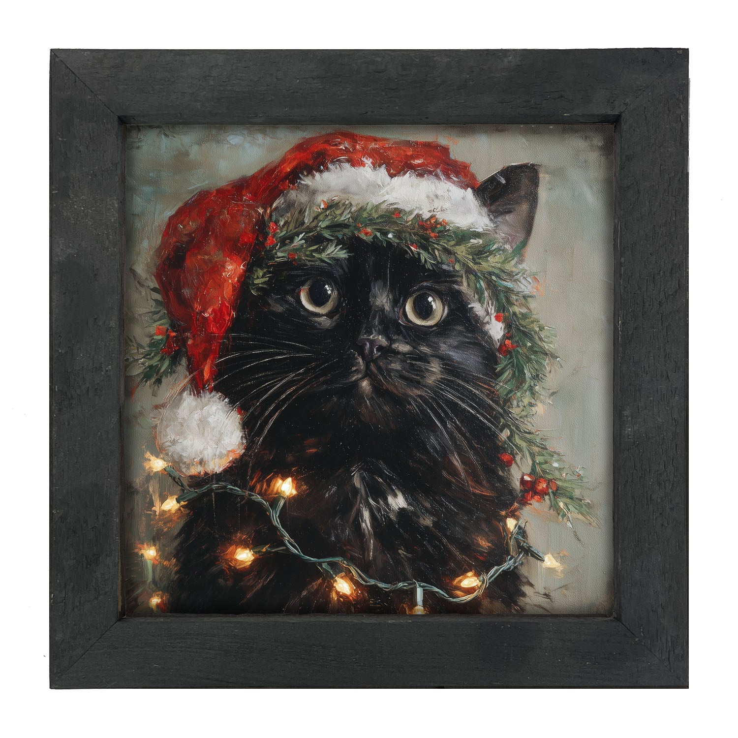 Christmas Lights with Black Cat - Framed art