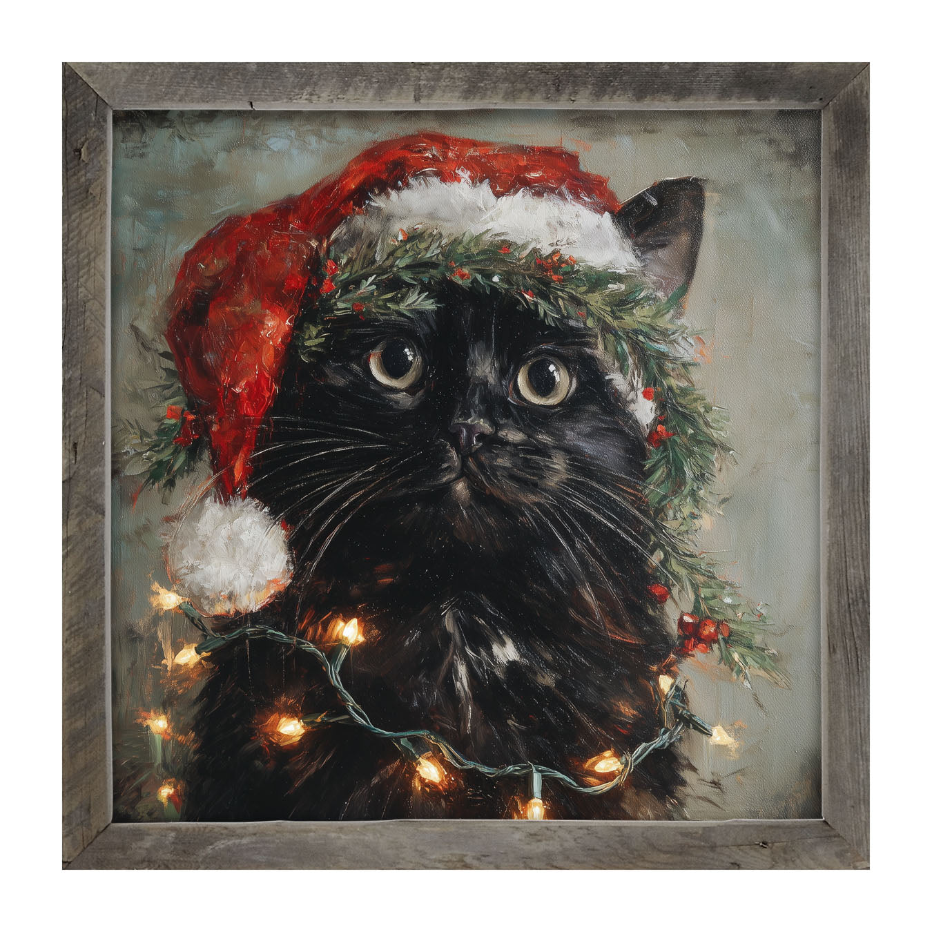 Christmas Lights with Black Cat - Framed art