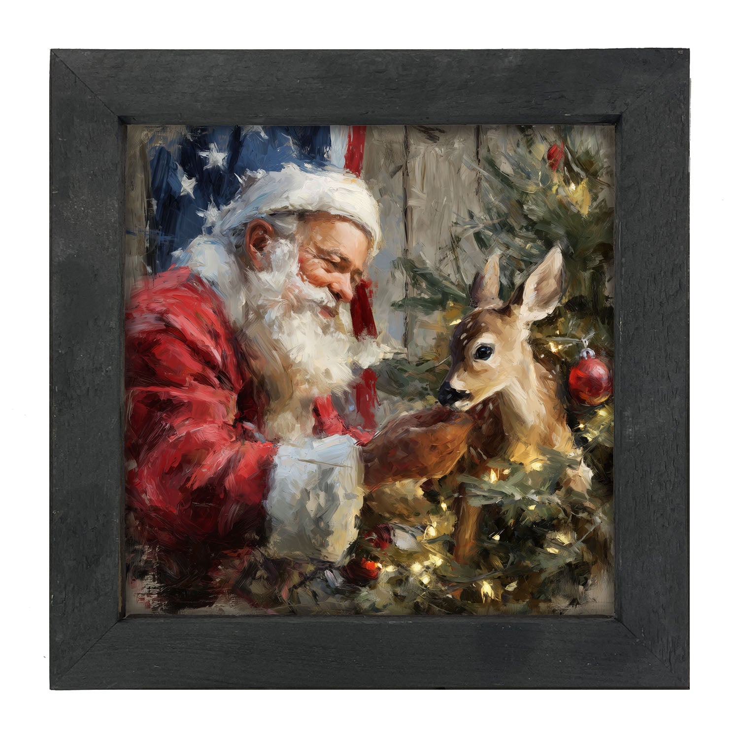 Santa and Deer with Flag - Framed Art