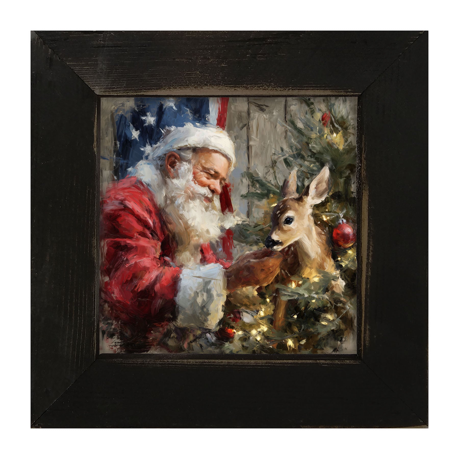 Santa and Deer with Flag - Framed Art