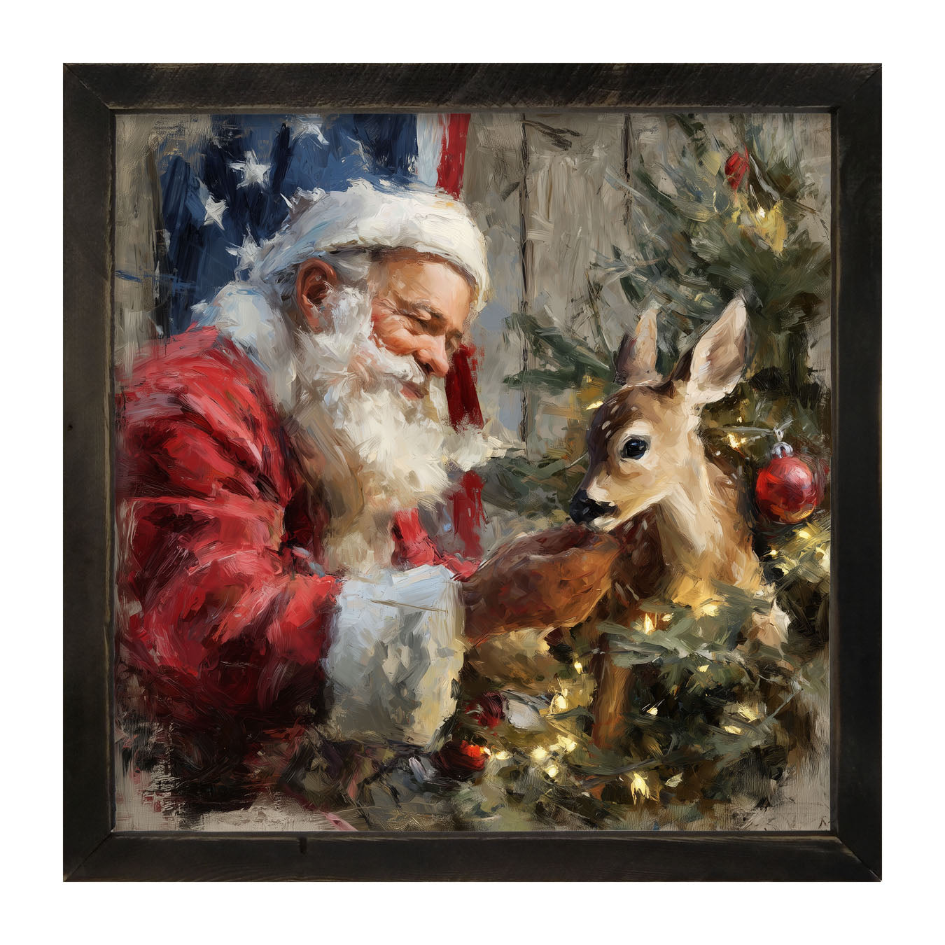 Santa and Deer with Flag - Framed Art