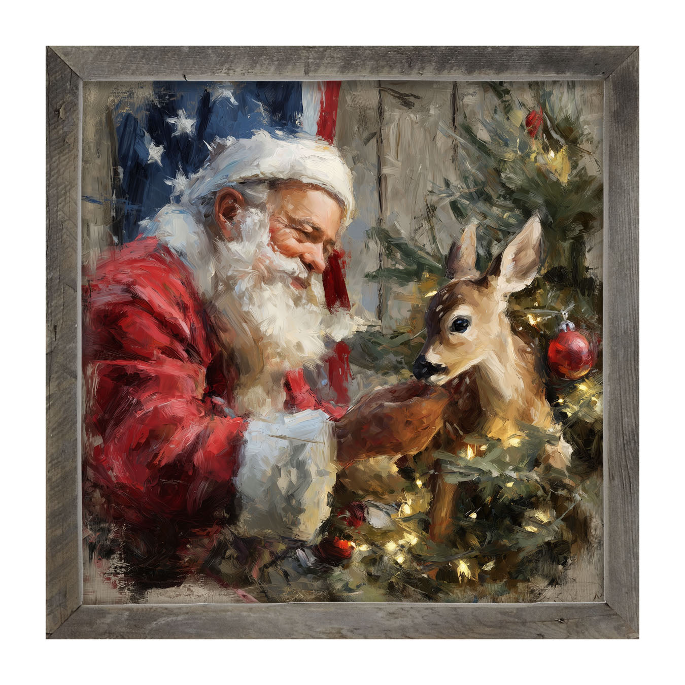 Santa and Deer with Flag - Framed Art