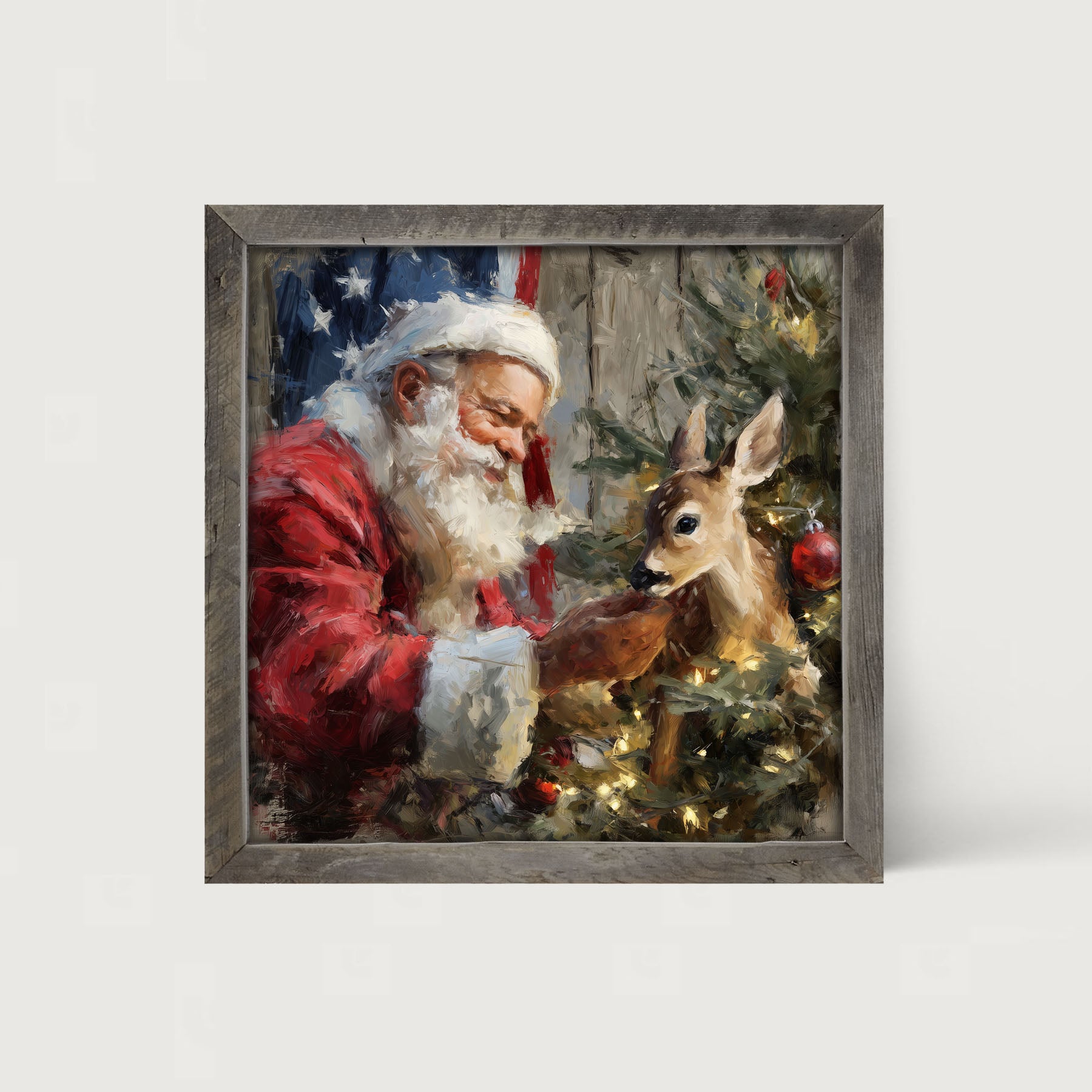 Santa and Deer with Flag - Framed Art