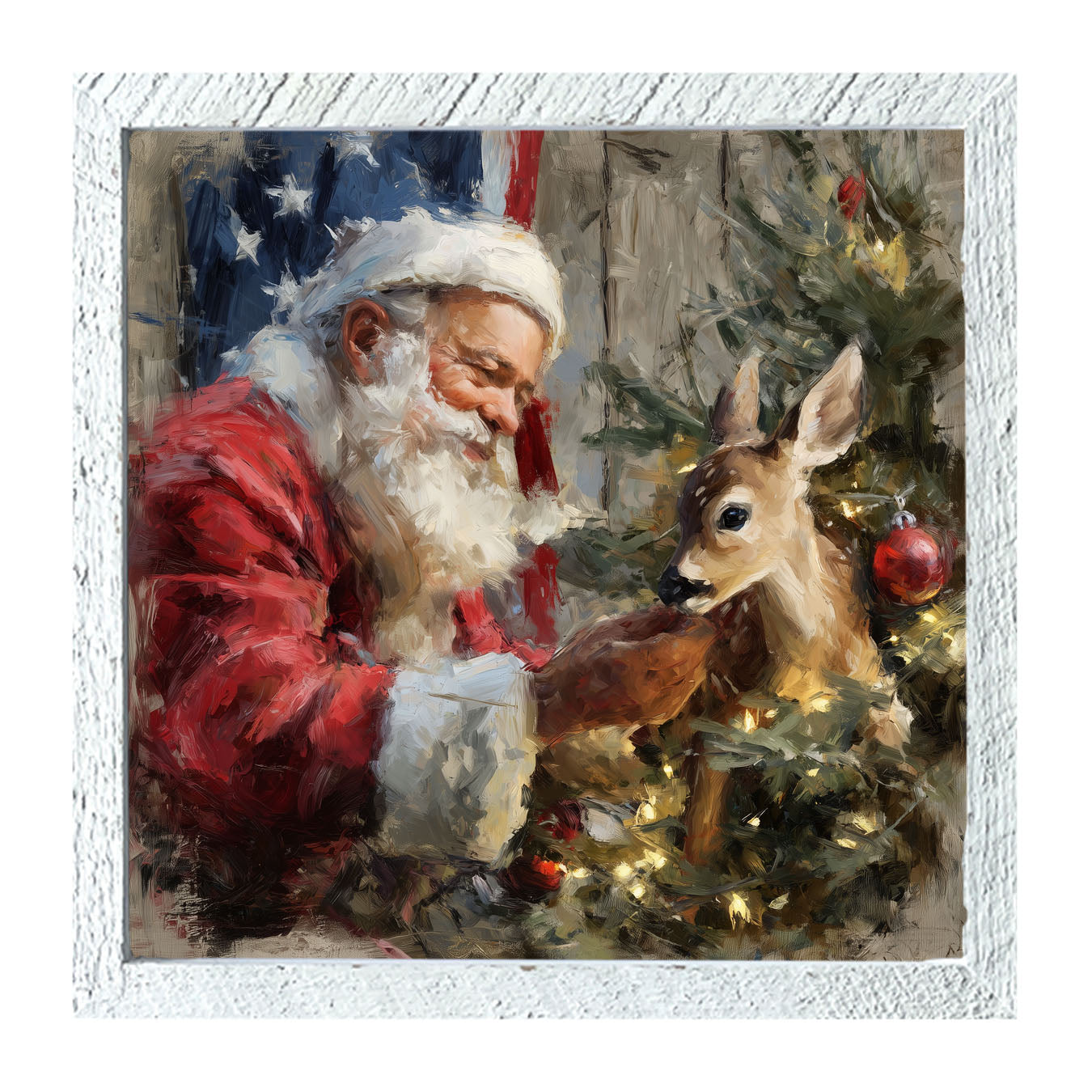 Santa and Deer with Flag - Framed Art