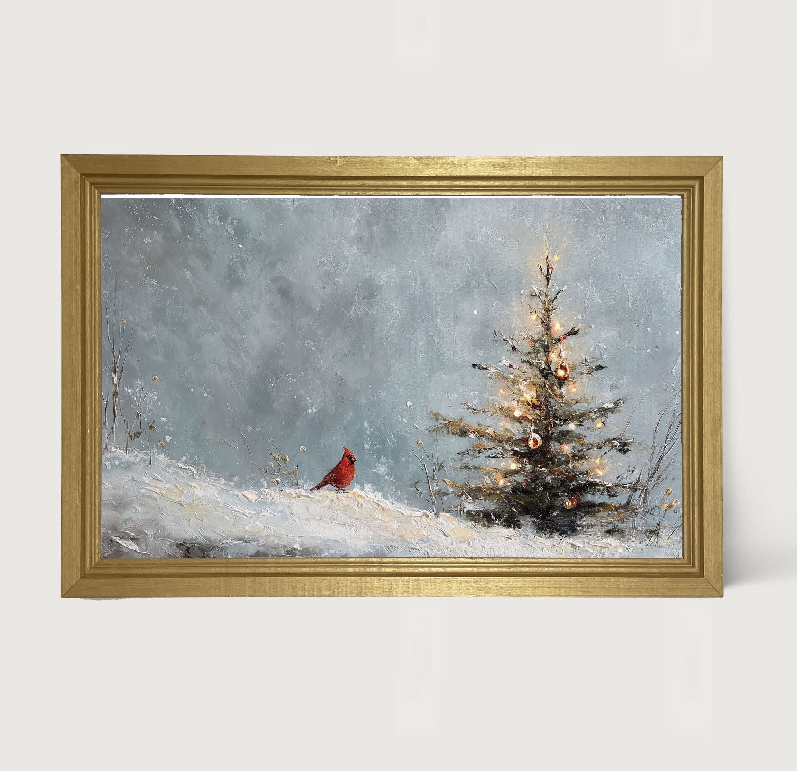 Cardinal Near a Decorated Christmas Tree - Framed Art
