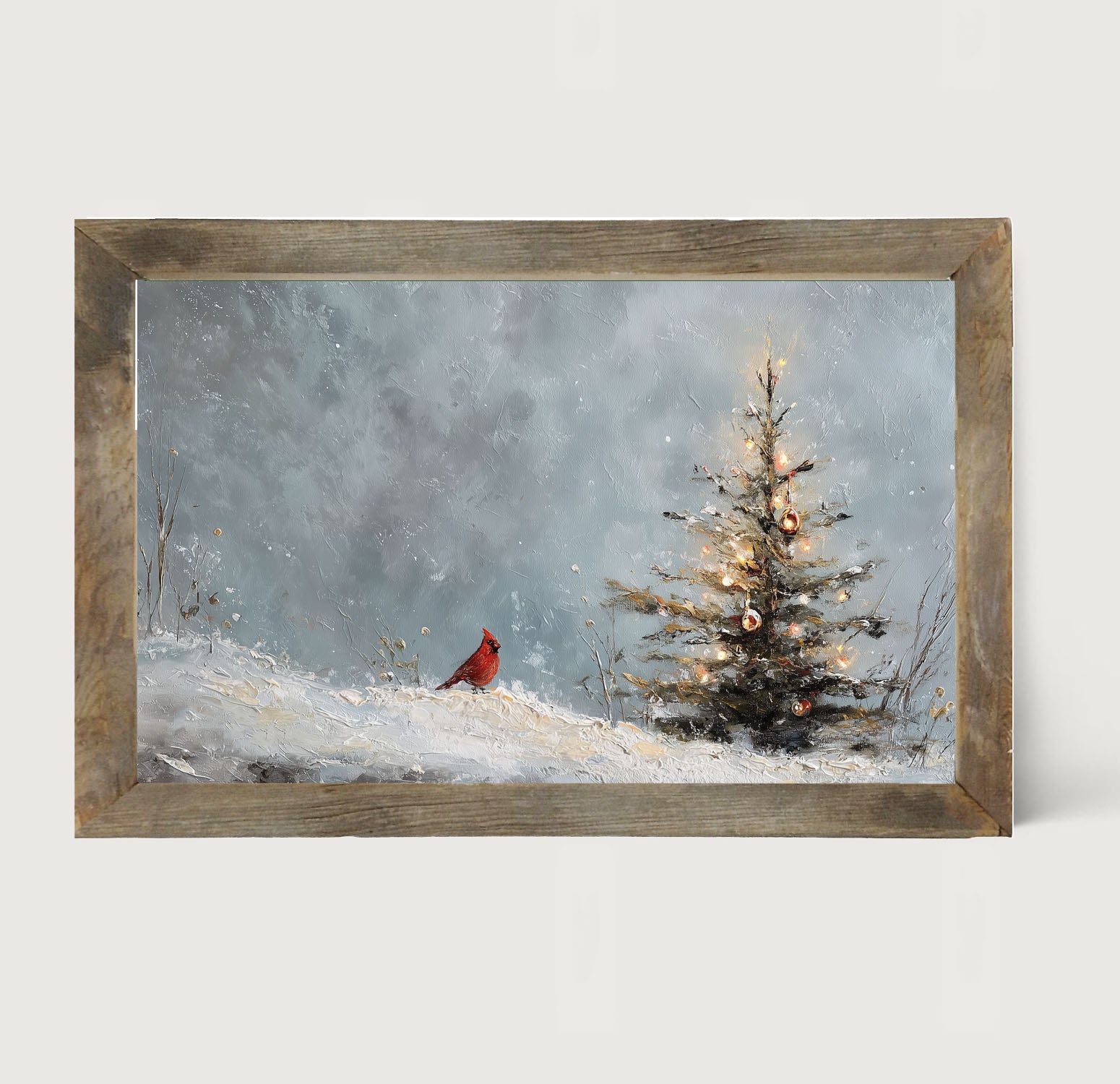 Cardinal Near a Decorated Christmas Tree - Framed Art