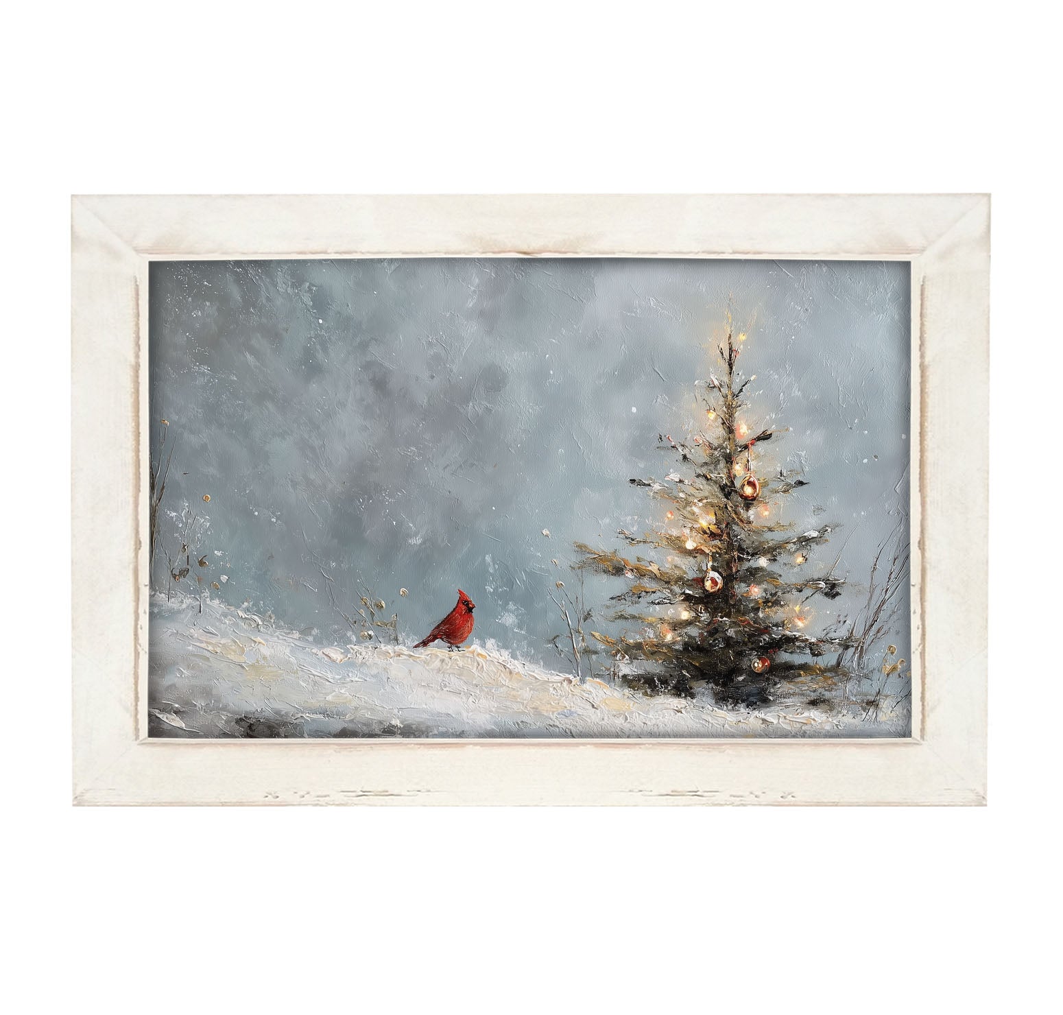 Cardinal Near a Decorated Christmas Tree - Framed Art