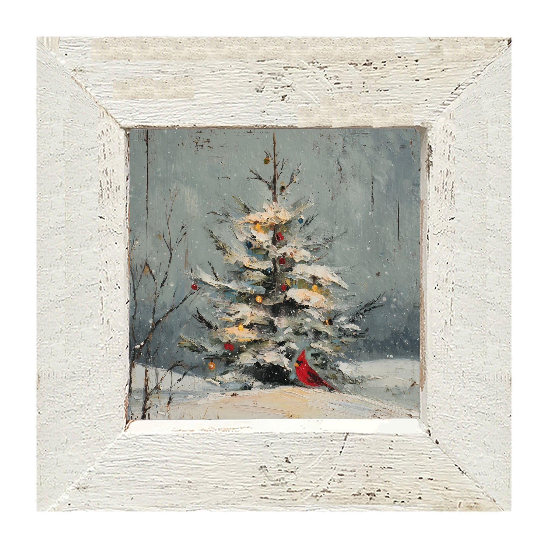 Cardinal Under a Decorated Christmas Tree - Framed Art