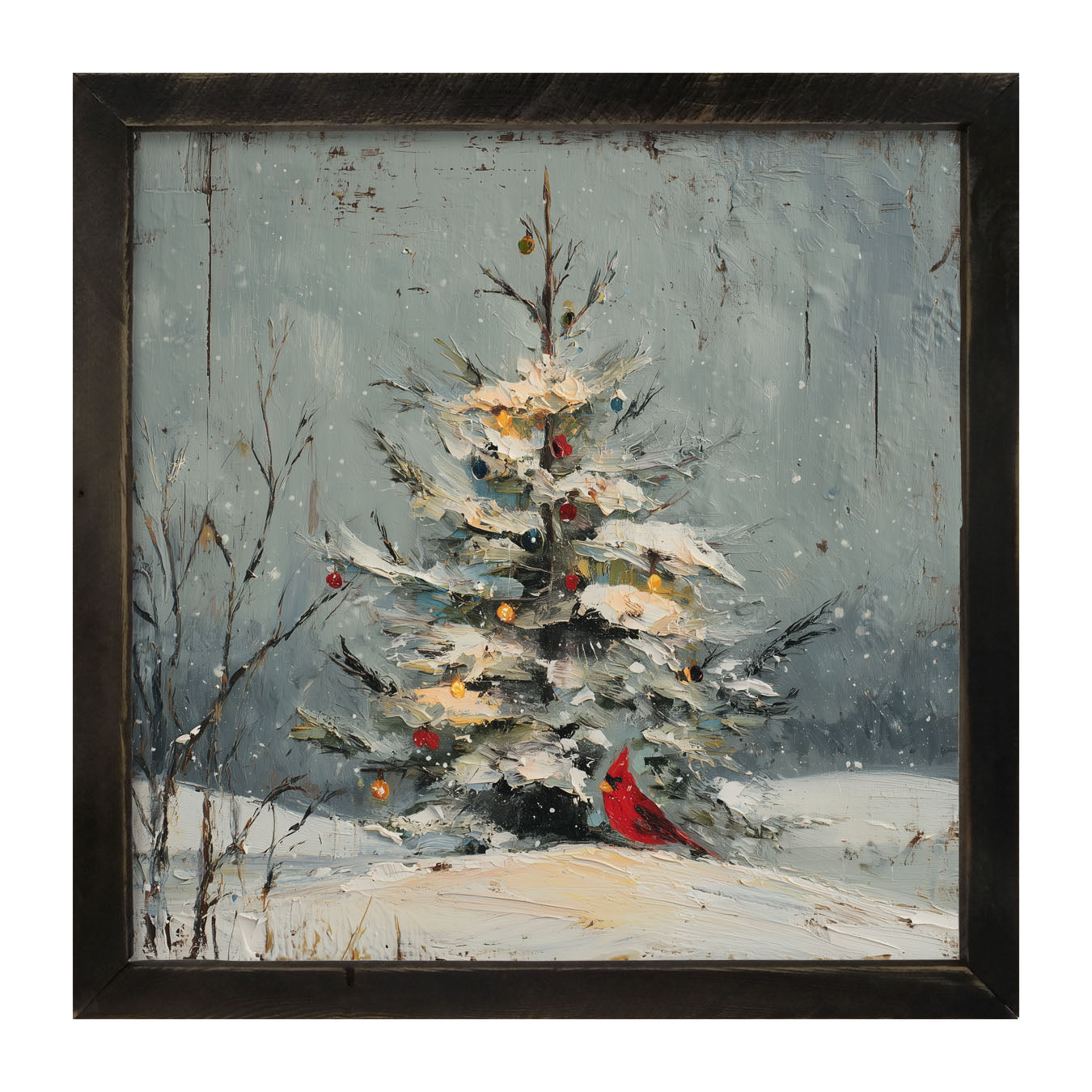Cardinal Under a Decorated Christmas Tree - Framed Art