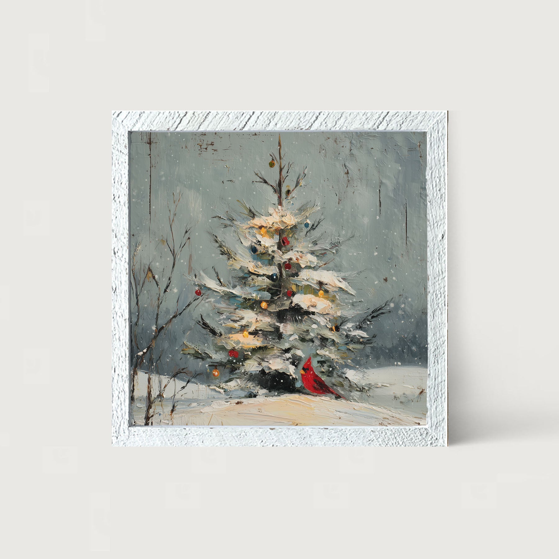 Cardinal Under a Decorated Christmas Tree