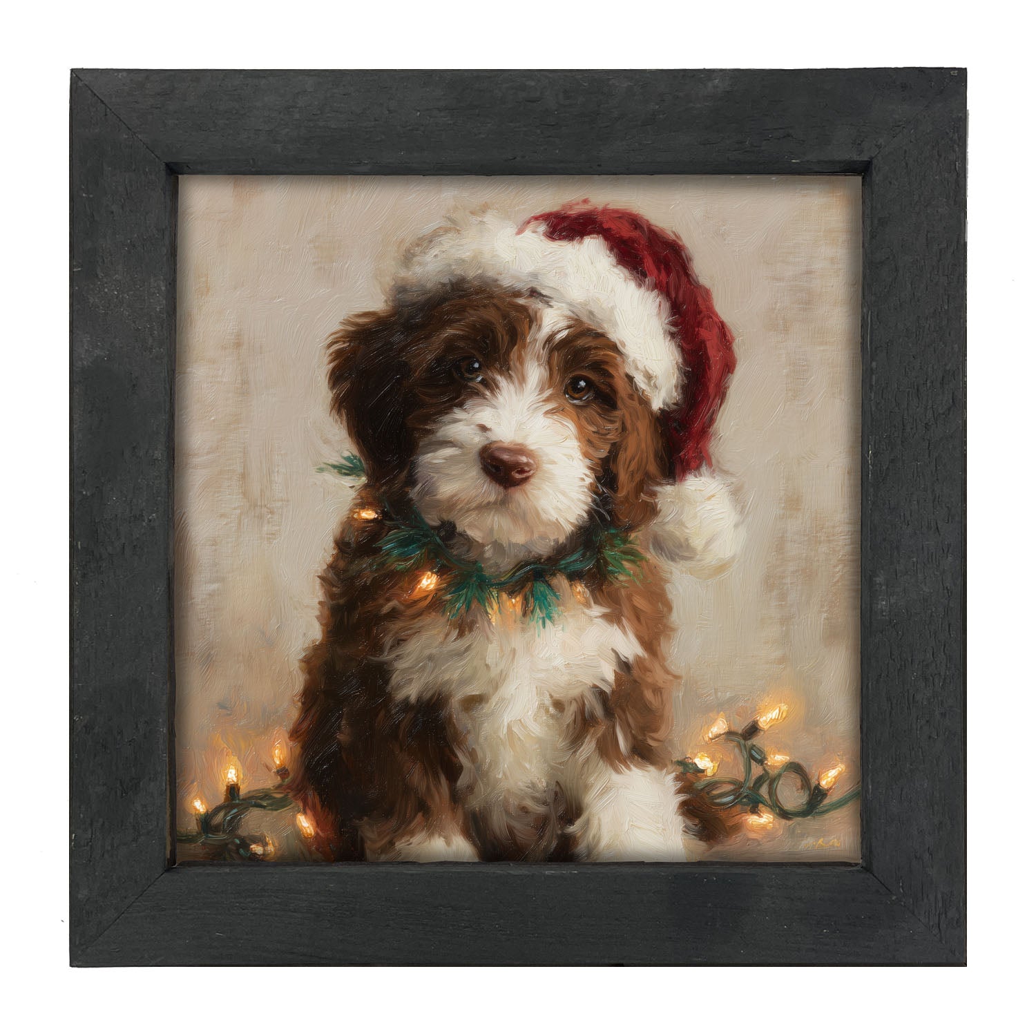 Christmas Lights with Brown and White Dog - Framed Art