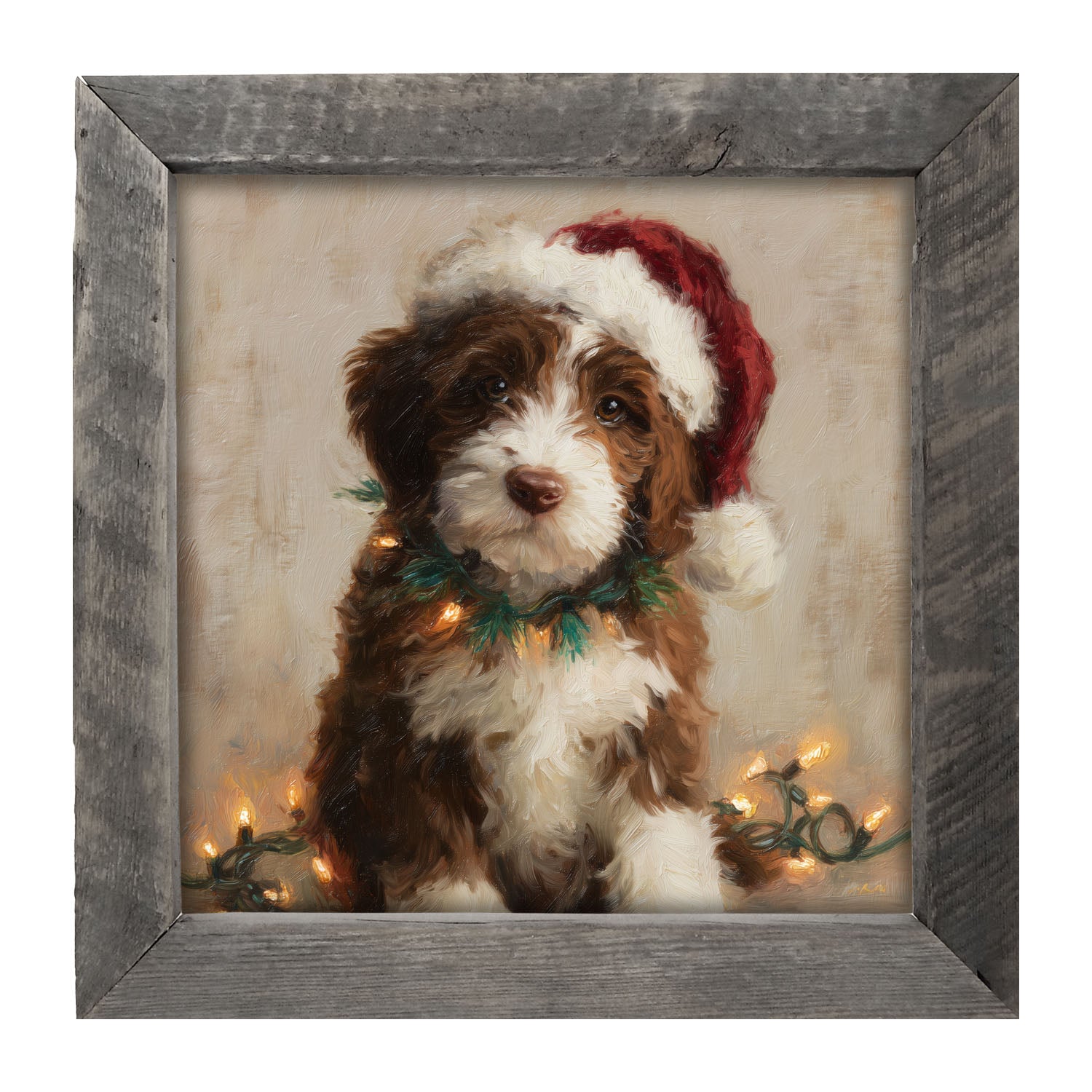 Christmas Lights with Brown and White Dog - Framed Art