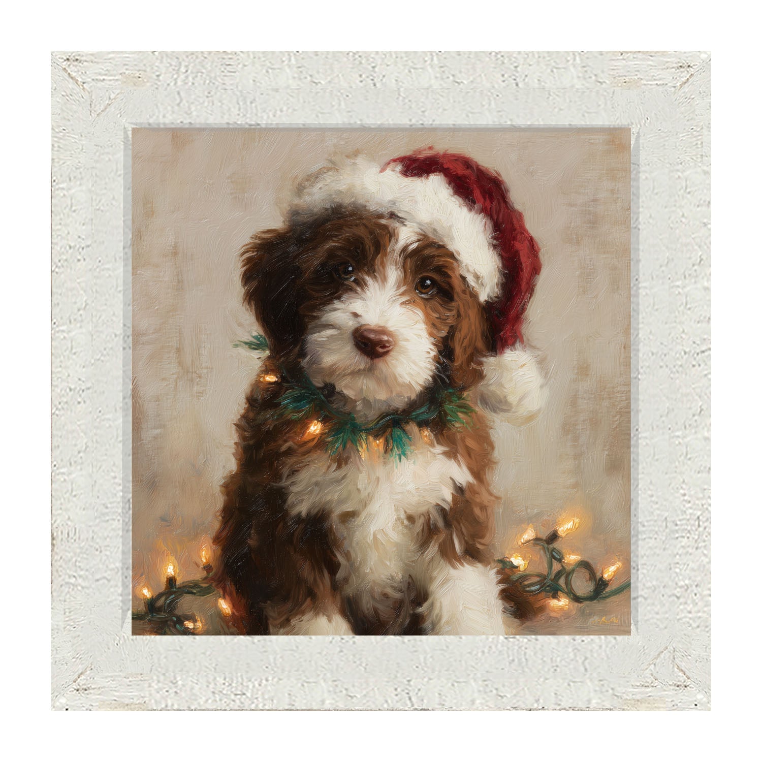Christmas Lights with Brown and White Dog - Framed Art