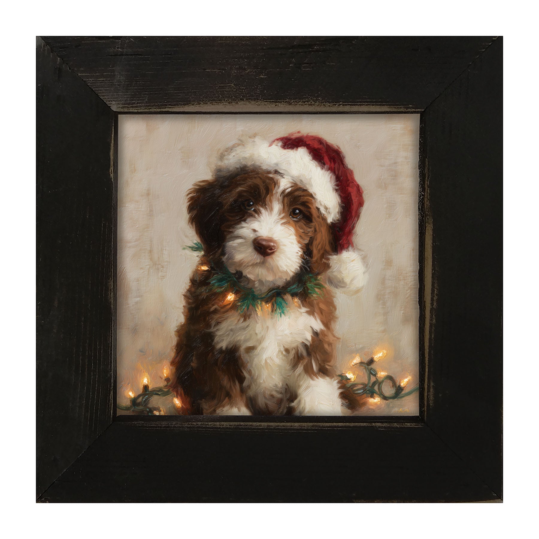 Christmas Lights with Brown and White Dog - Framed Art