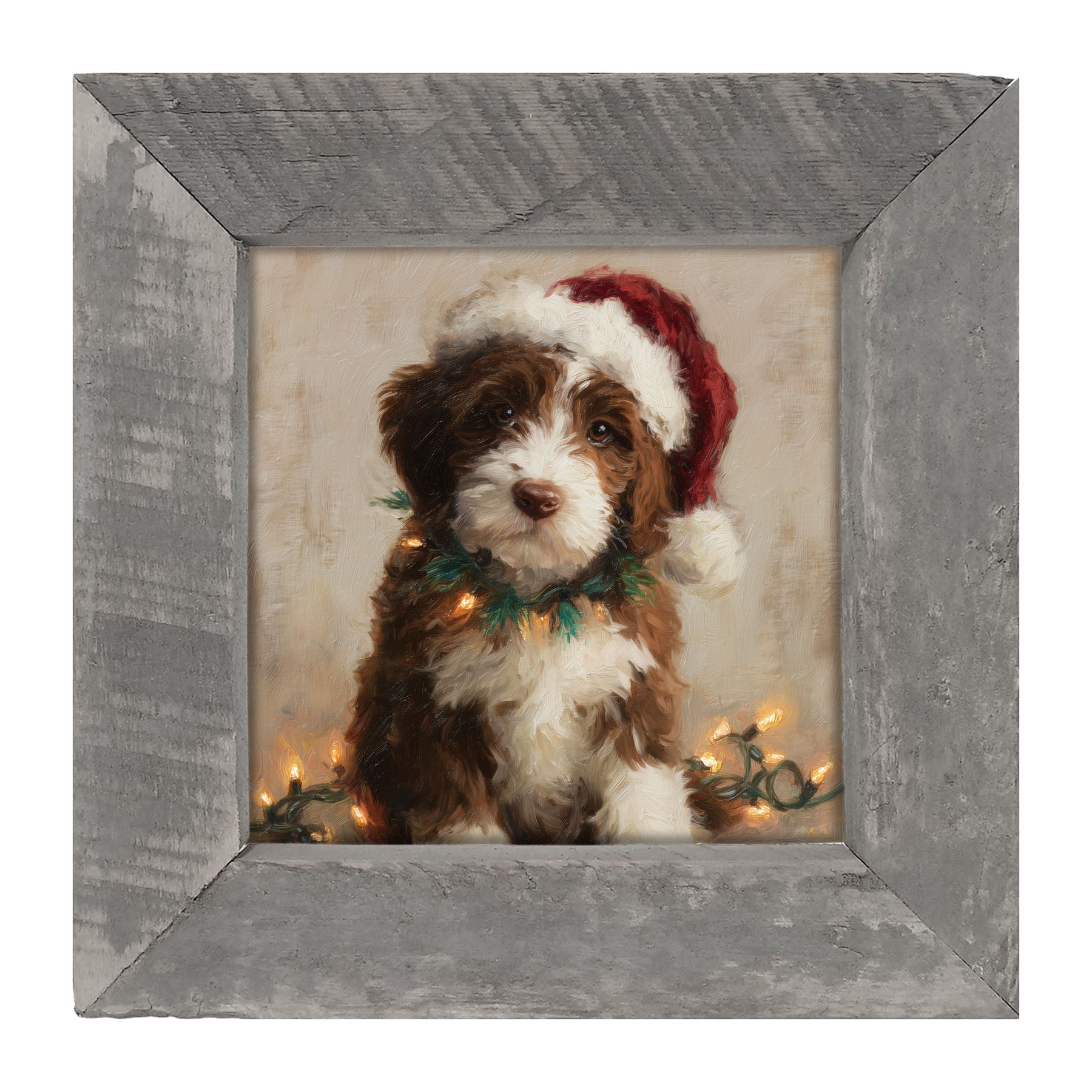 Christmas Lights with Brown and White Dog - Framed Art