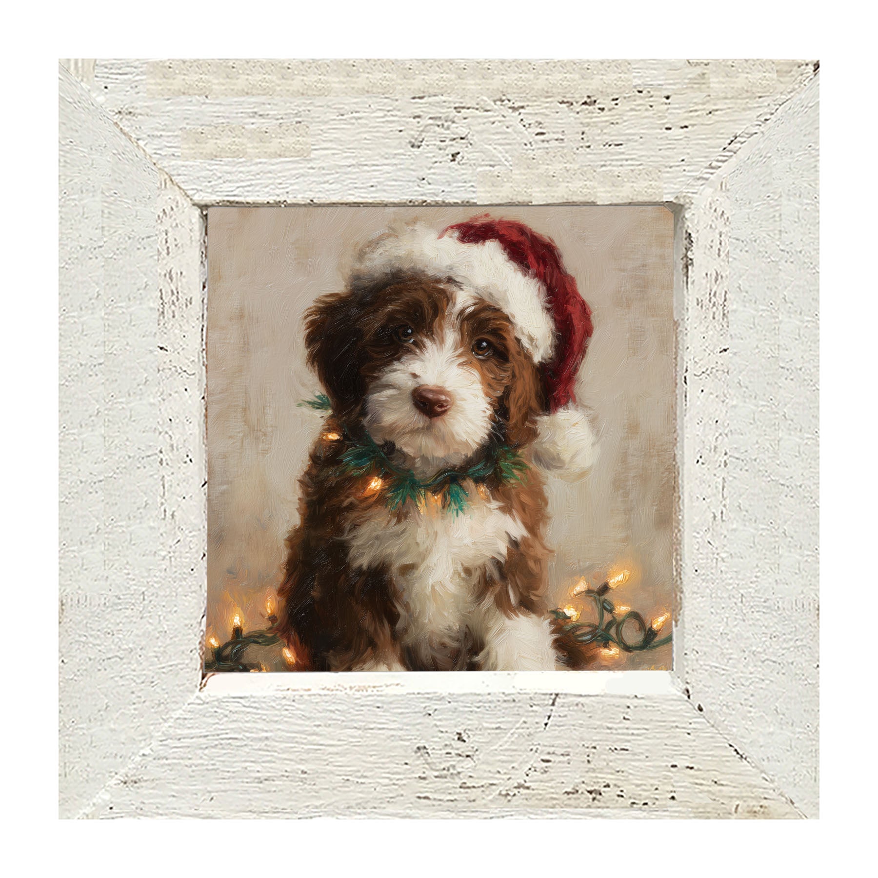 Christmas Lights with Brown and White Dog - Framed Art