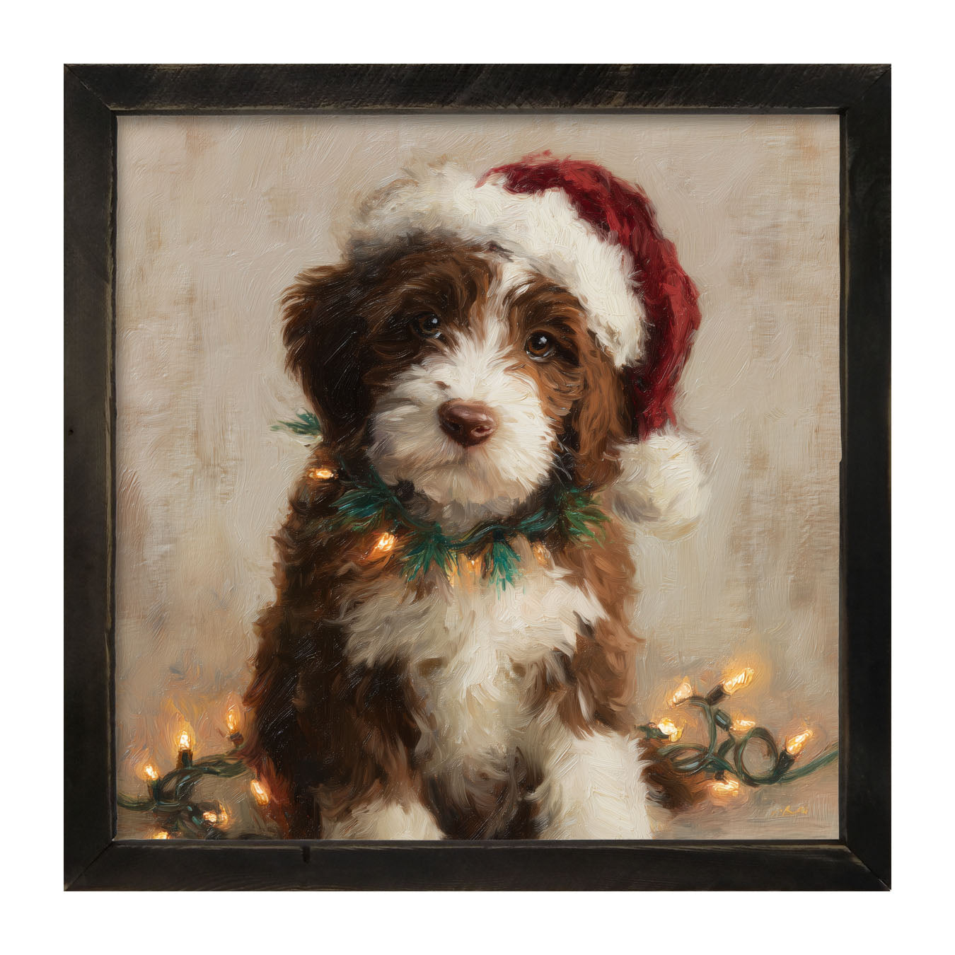 Christmas Lights with Brown and White Dog - Framed Art