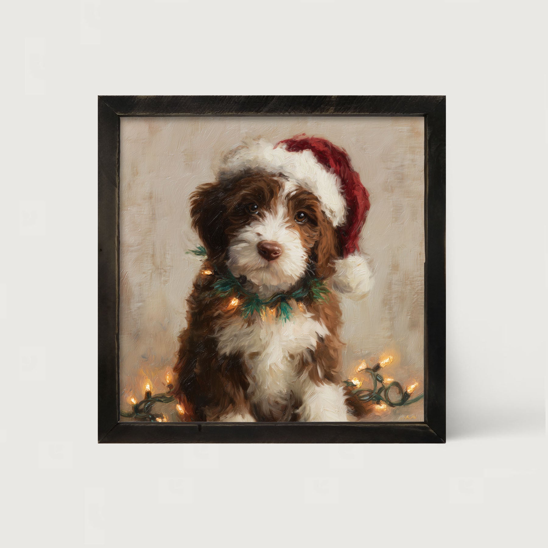 Christmas Lights with Brown and White Dog