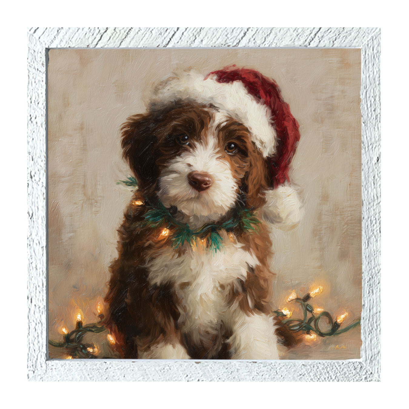 Christmas Lights with Brown and White Dog - Framed Art