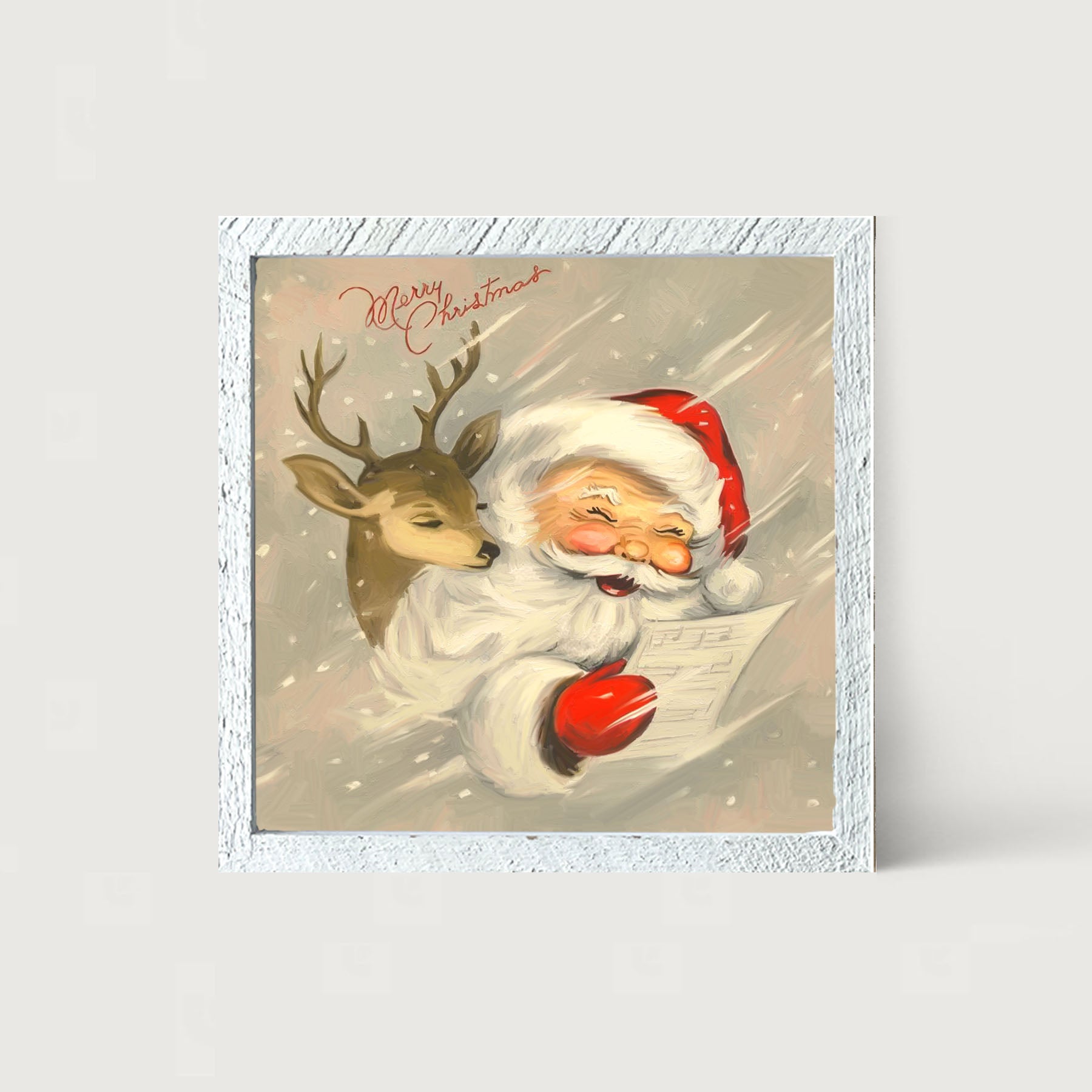 Merry Christmas Santa with reindeer - Framed art