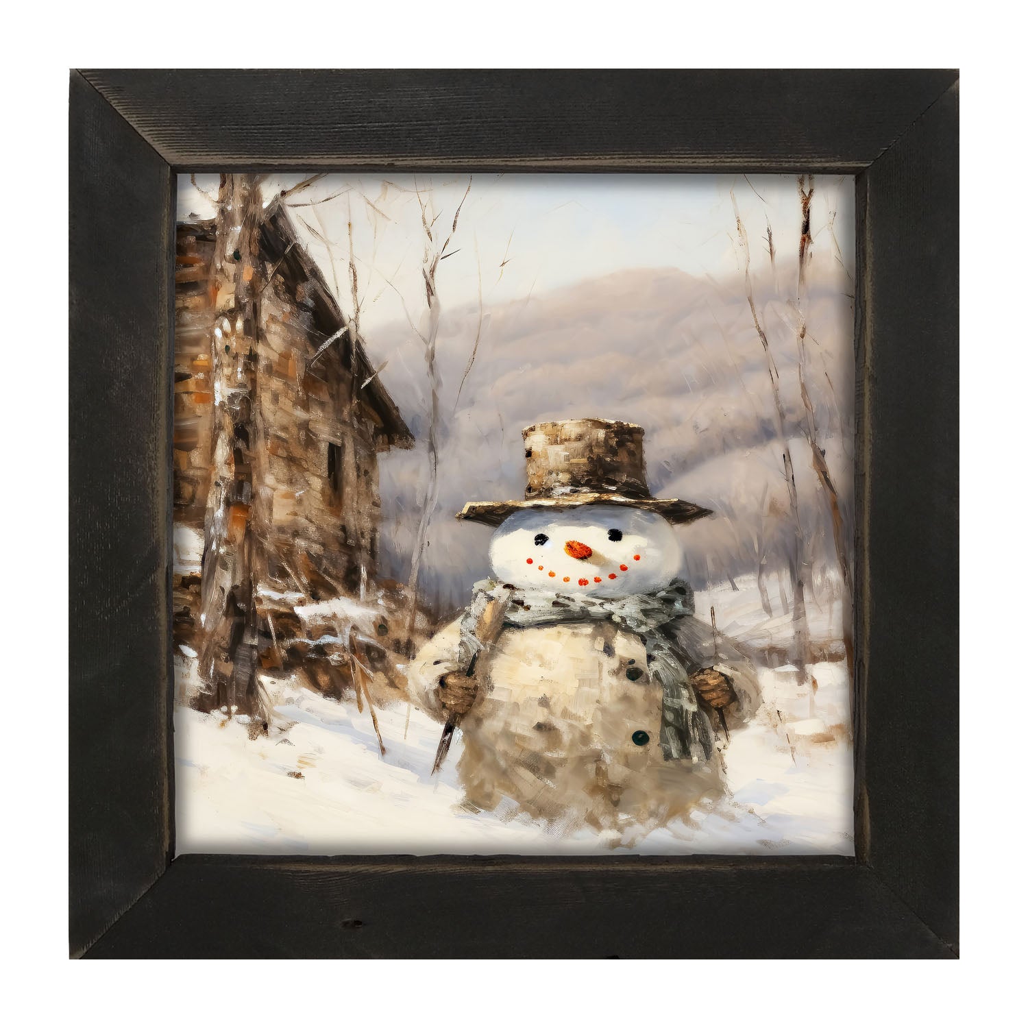 Snowman near barn - Framed art
