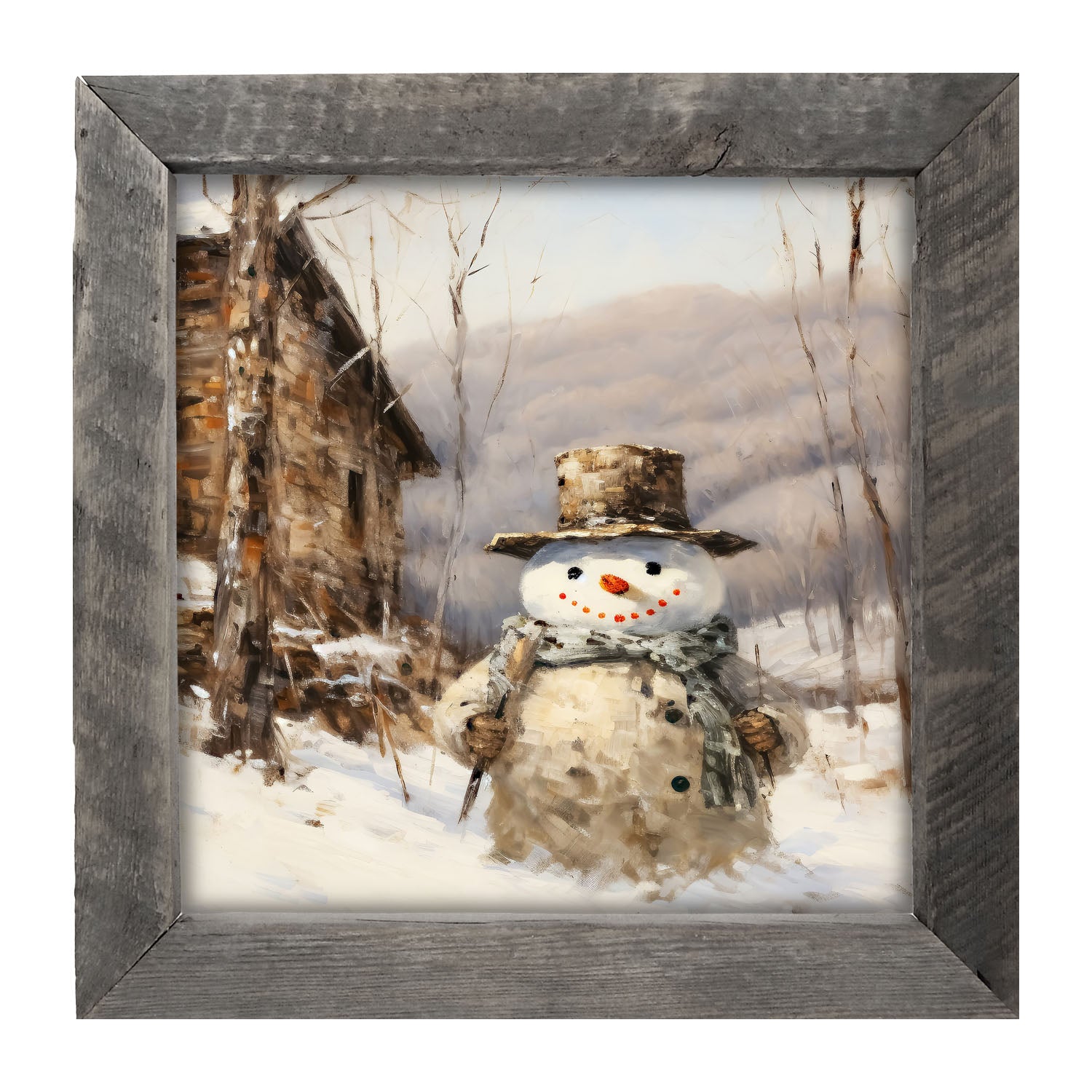 Snowman near barn - Framed art