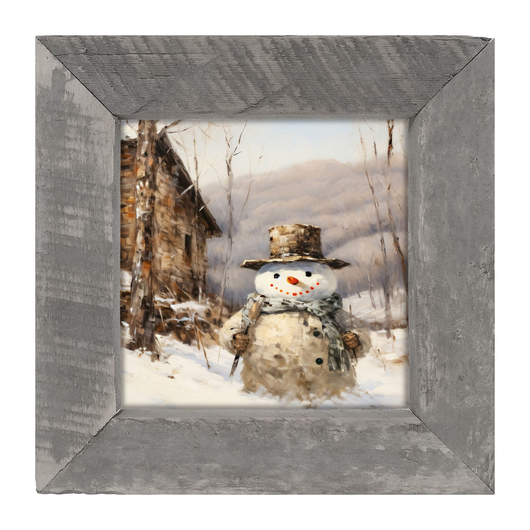 Snowman near barn - Framed art