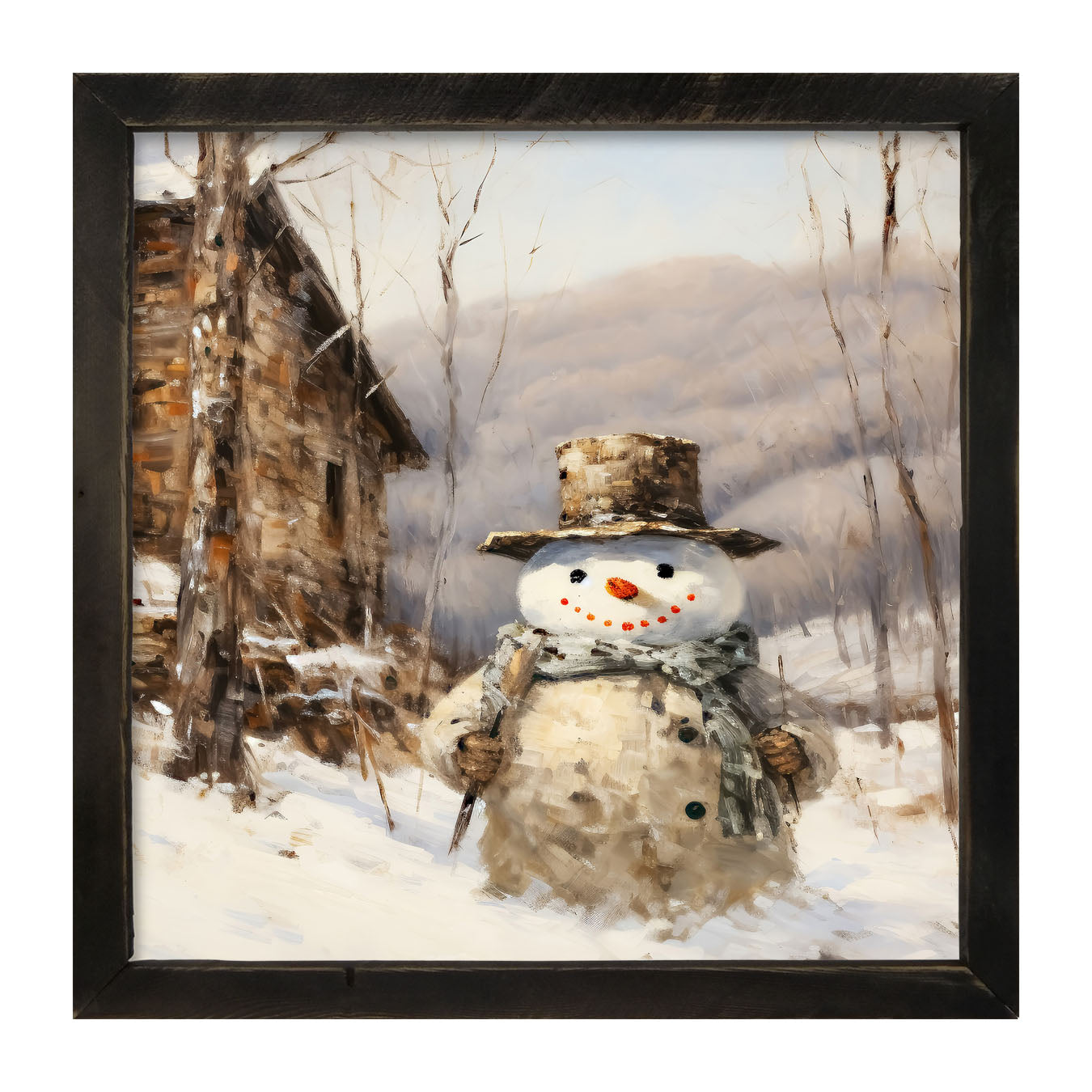 Snowman near barn - Framed art