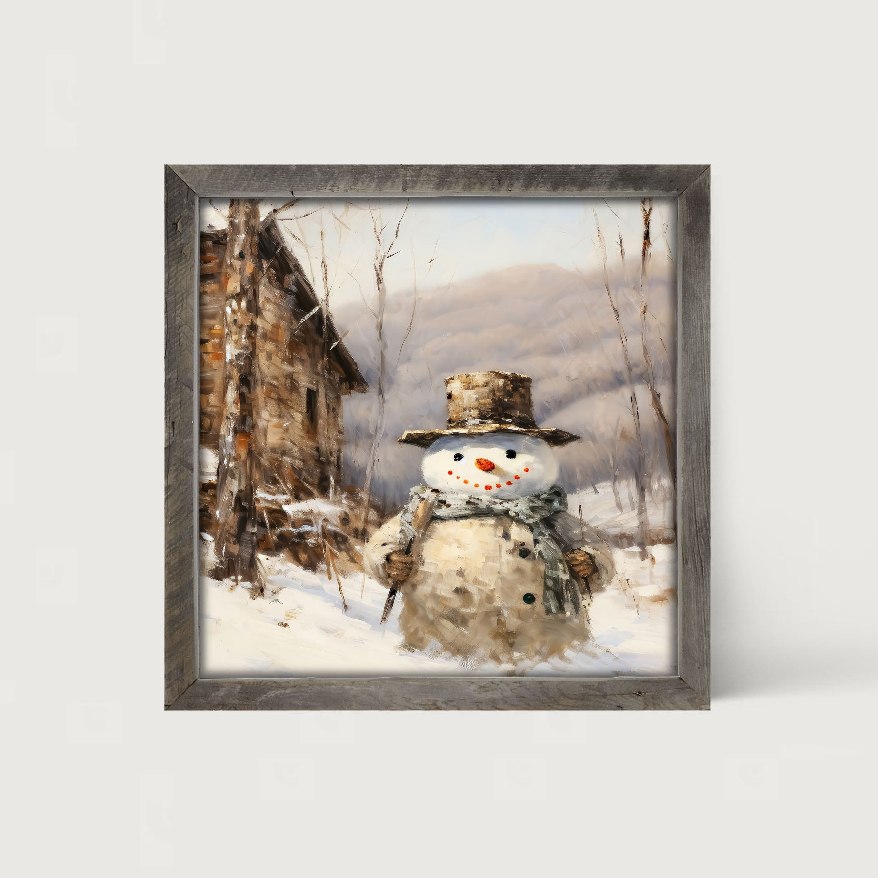 Snowman near barn - Framed art