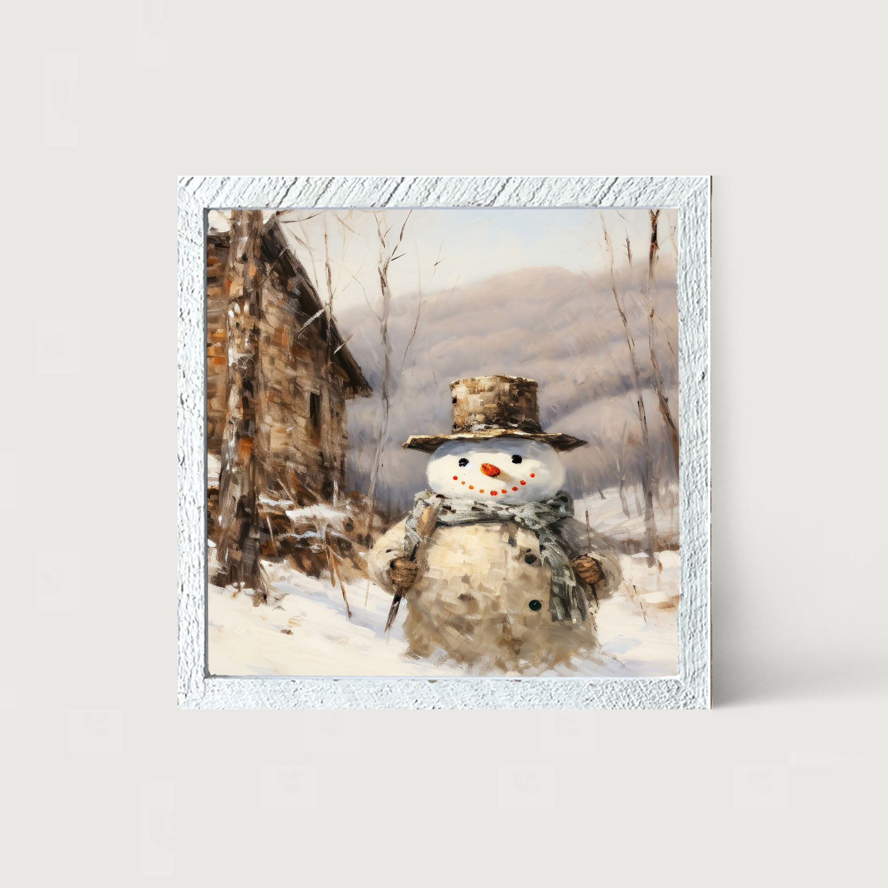 Snowman near barn - Framed art