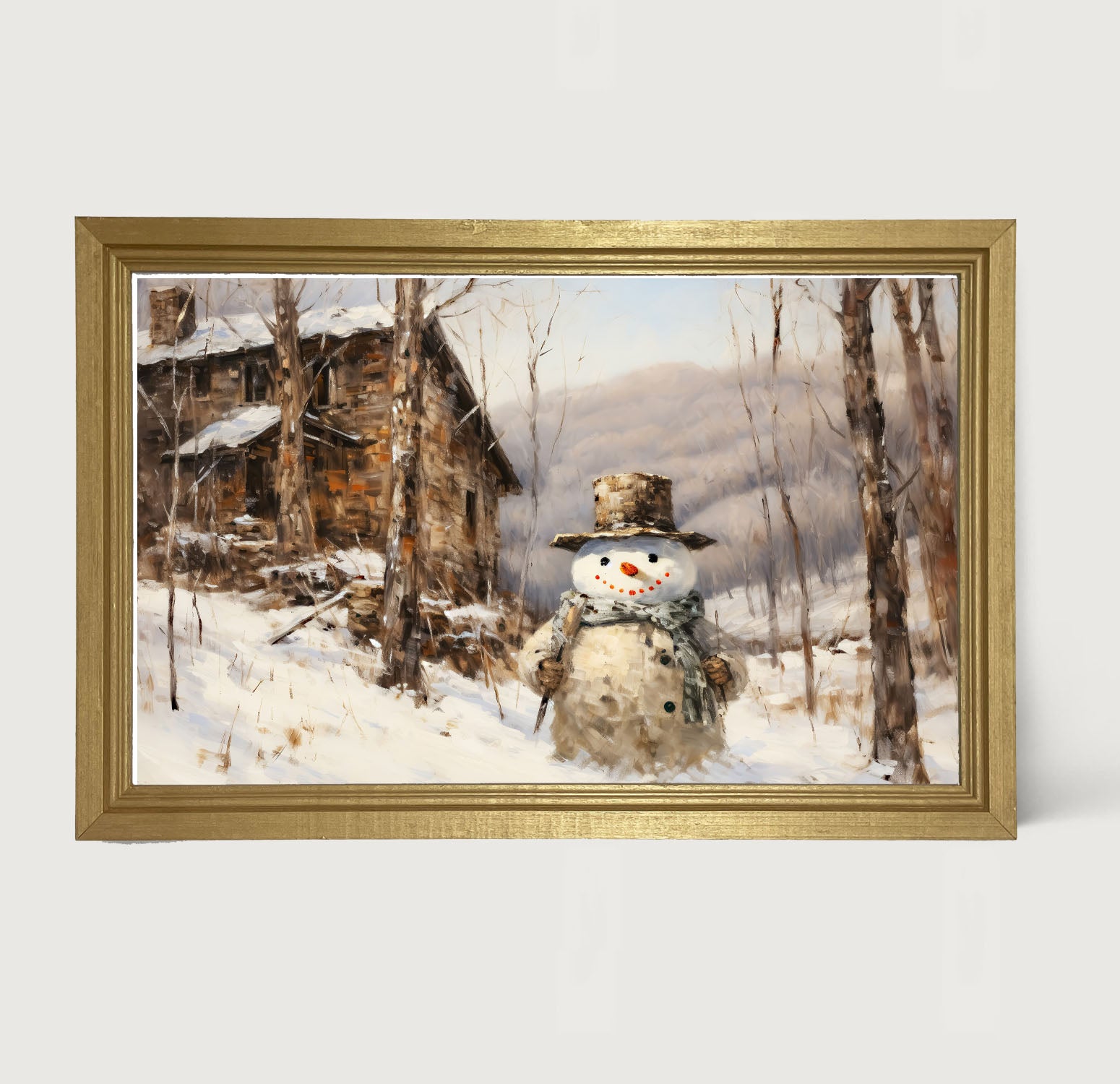 Snowman near barn - Framed art