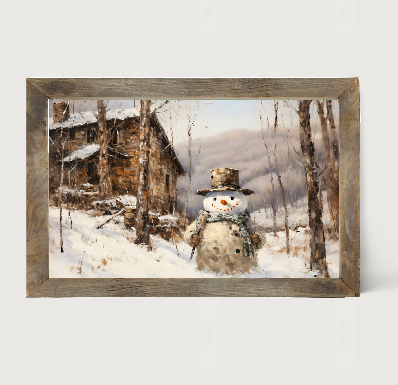 Snowman near barn - Framed art