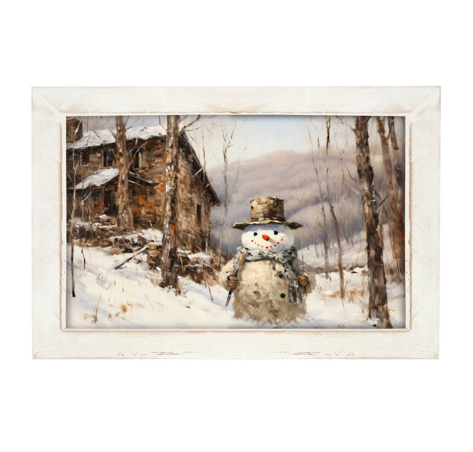 Snowman near barn - Framed art