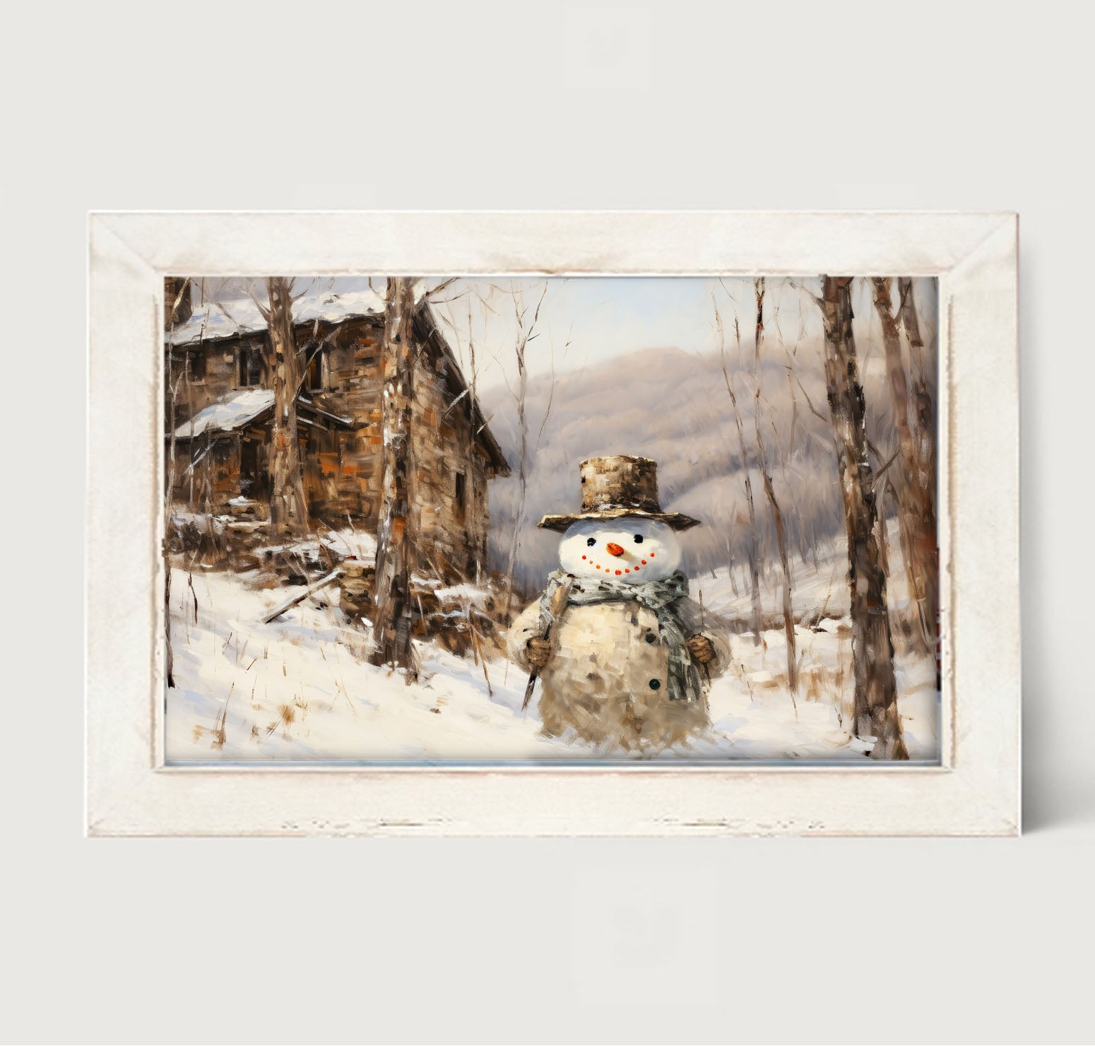 Snowman near barn - Framed art