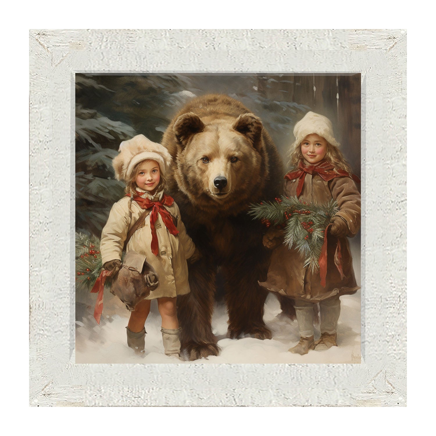 Christmas bear with girls - Framed art