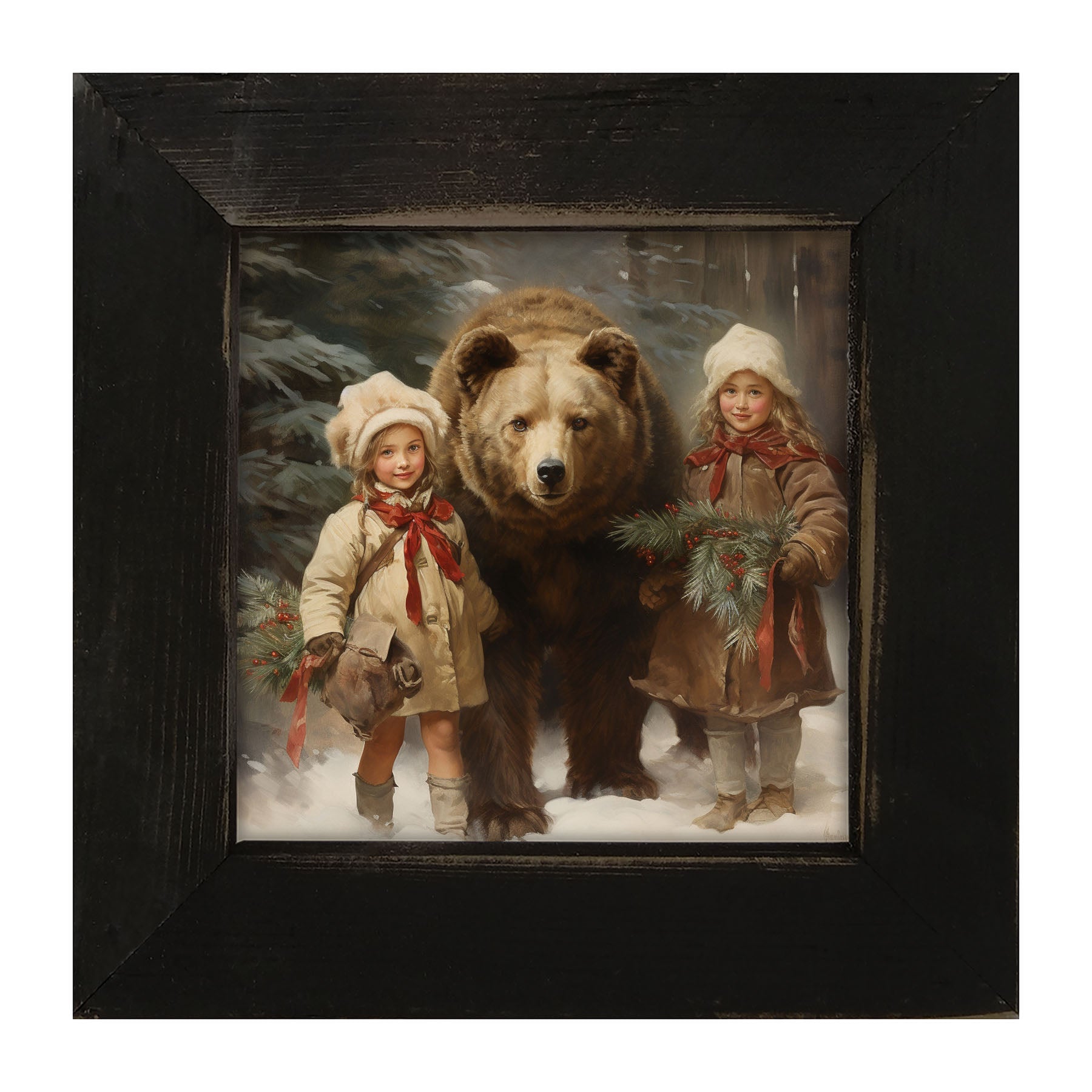 Christmas bear with girls - Framed art