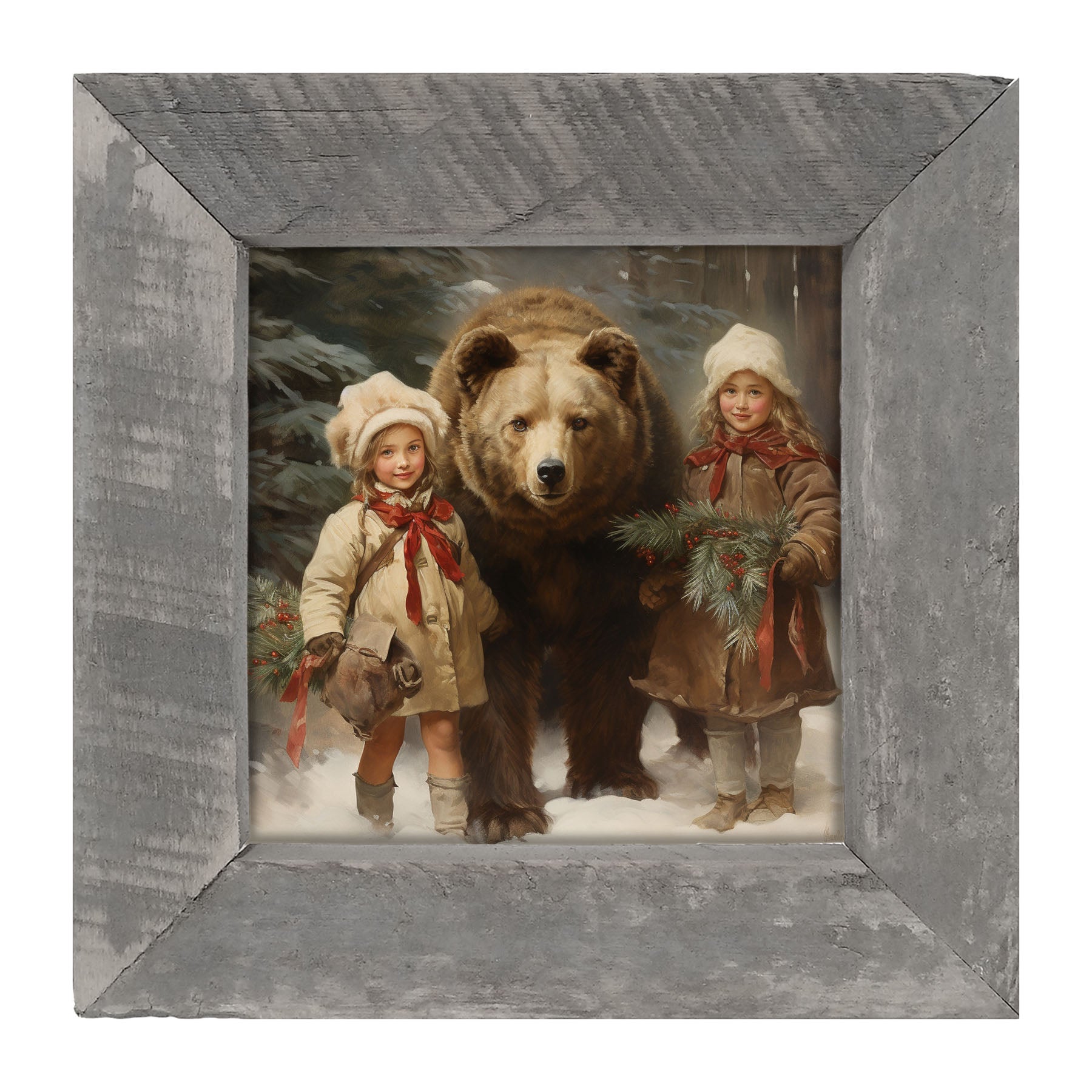 Christmas bear with girls - Framed art