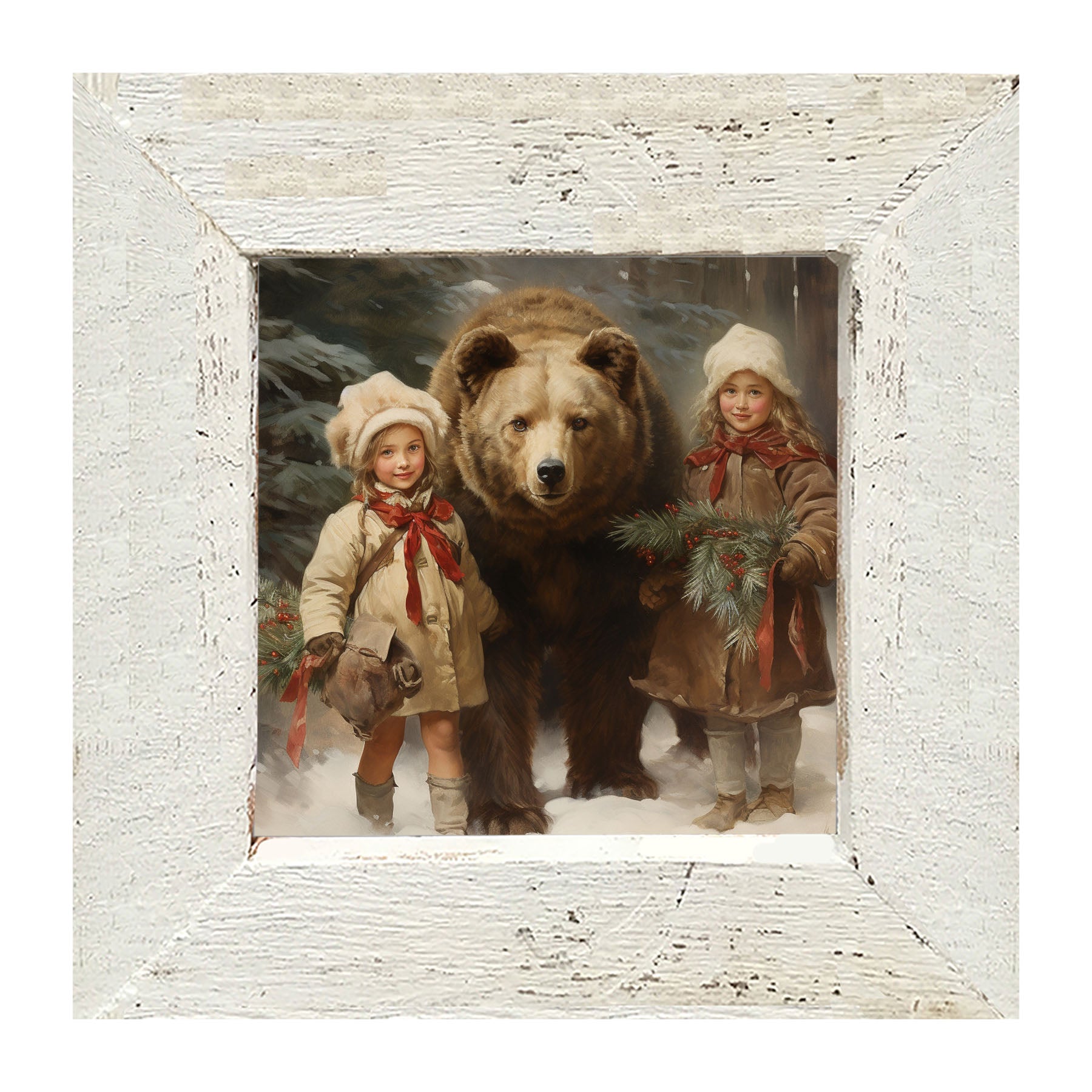 Christmas bear with girls - Framed art