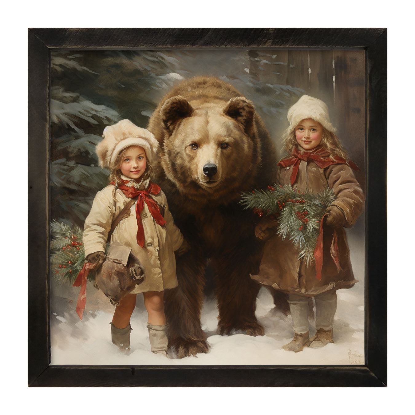 Christmas bear with girls - Framed art